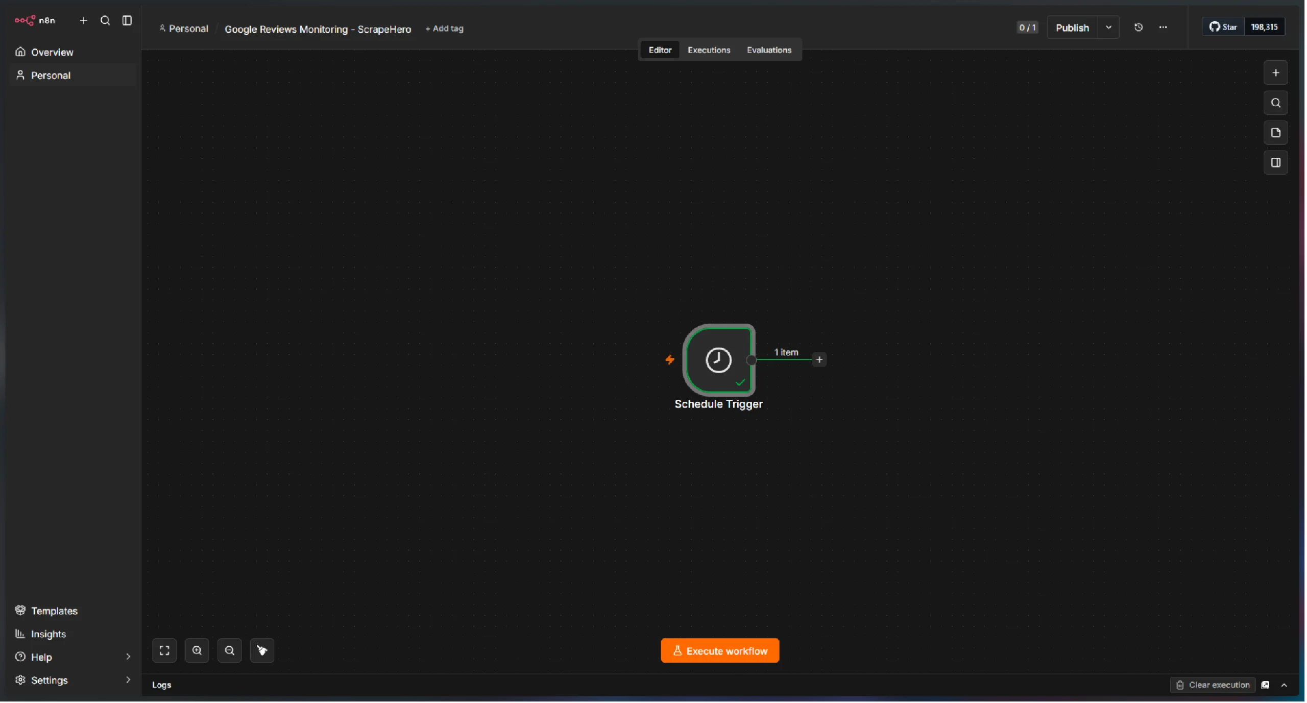 n8n dashboard showing the Schedule Trigger node