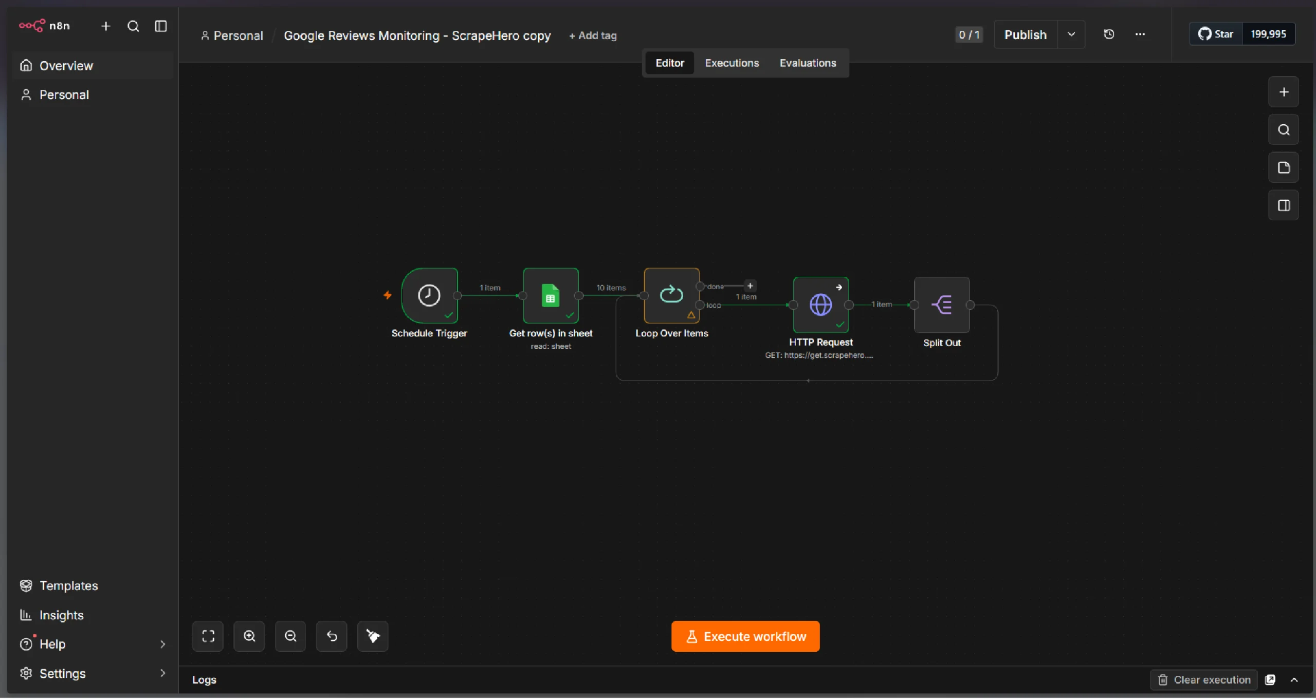 n8n dashboard showing the Schedule Trigger, Sheet, Loop, HTTP Request, and Split Out nodes