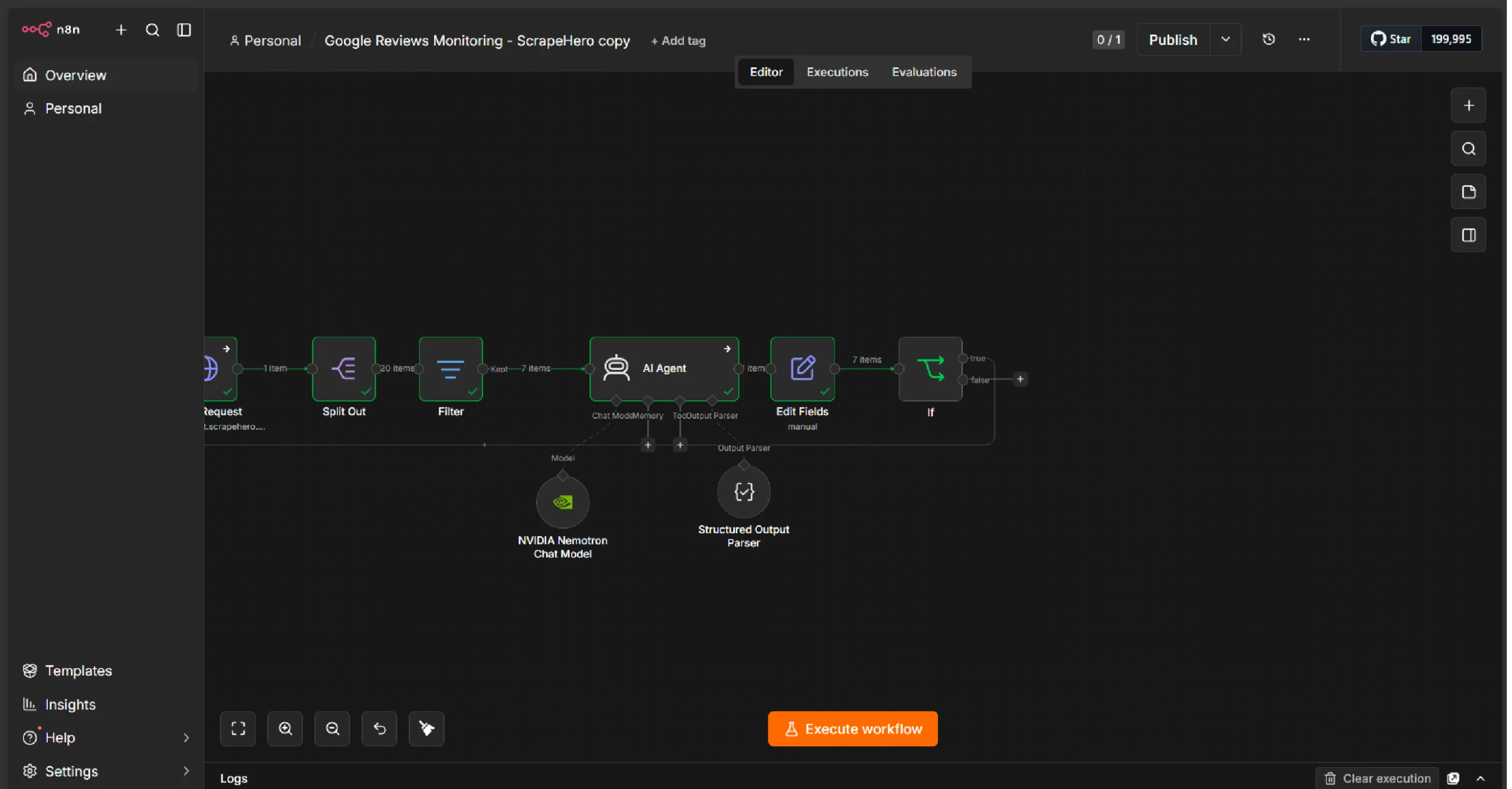 n8n dashboard showing the HTTP Request, Split Out, Filter, AI Agent, Edits field, and If nodes