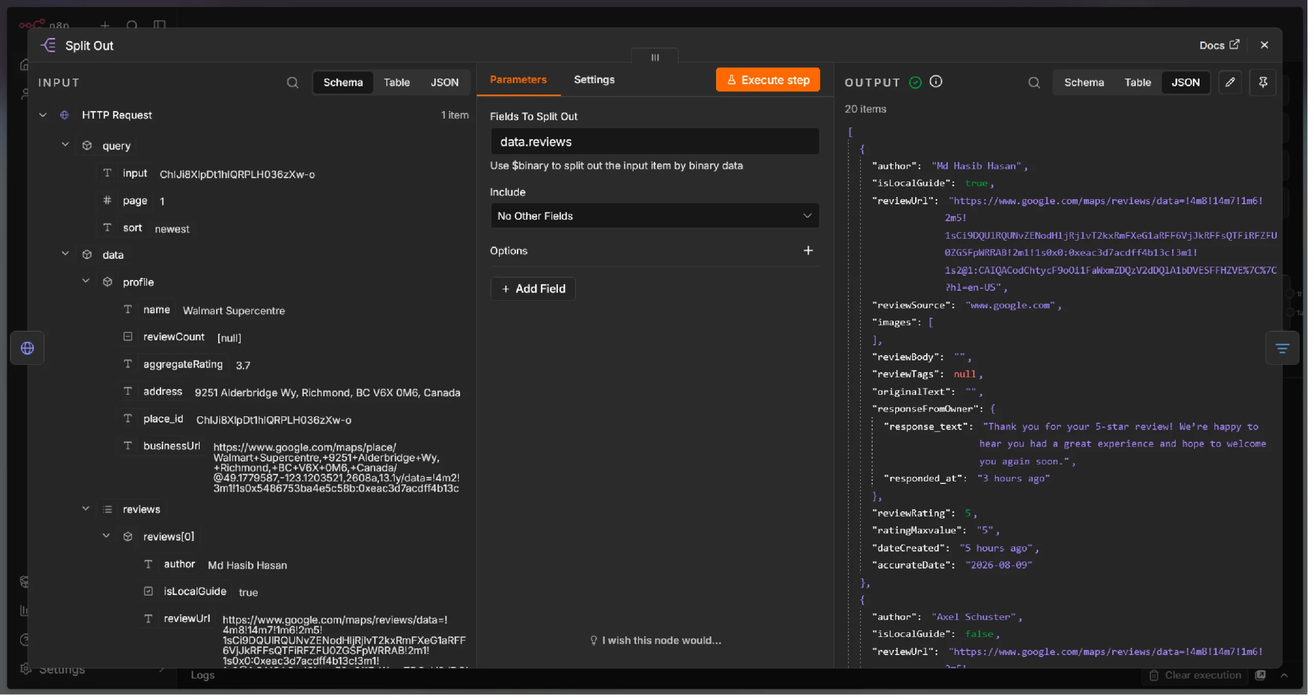 n8n's Split Out node configuration