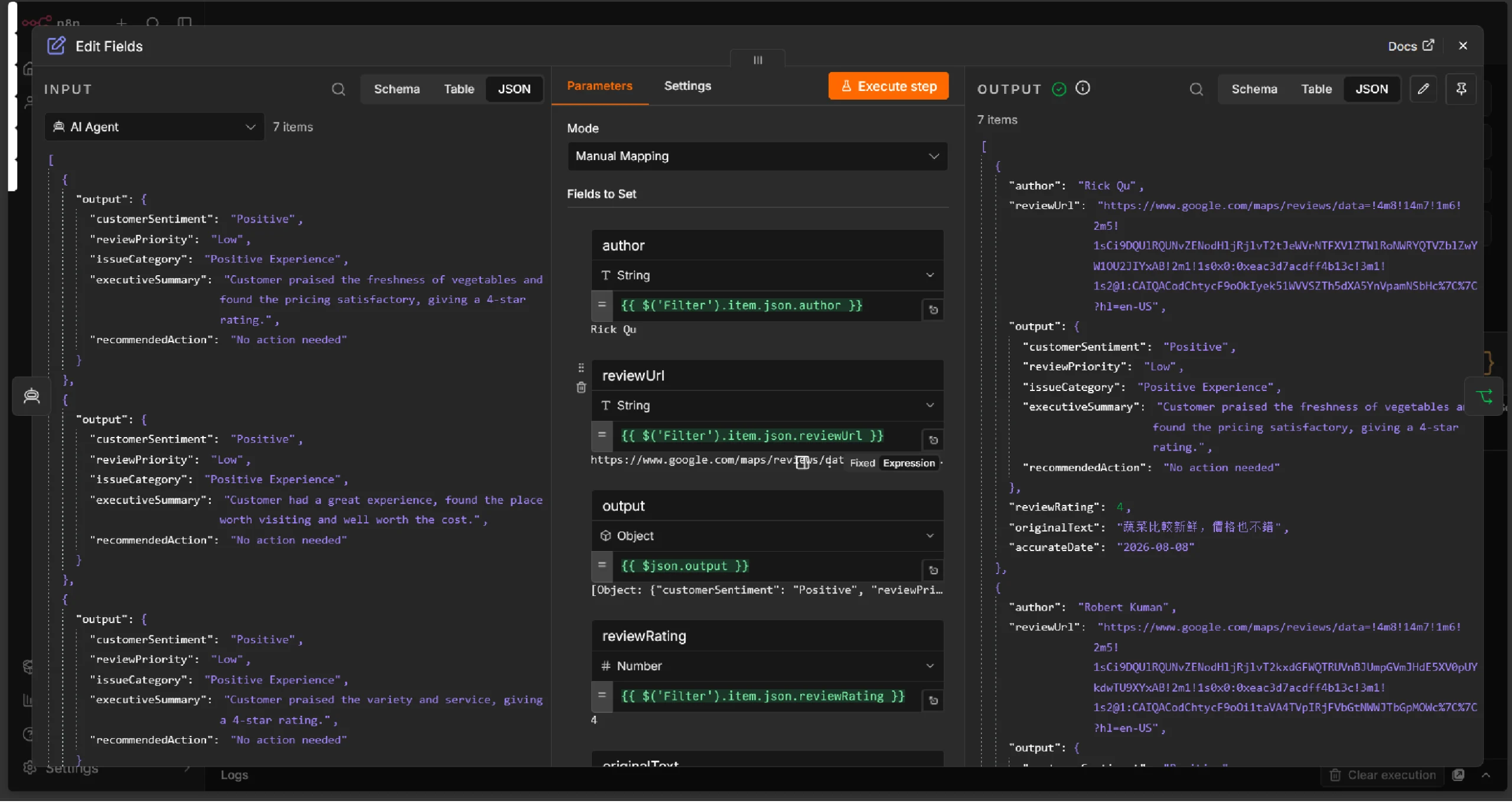 n8n's Edit Fields node configuration