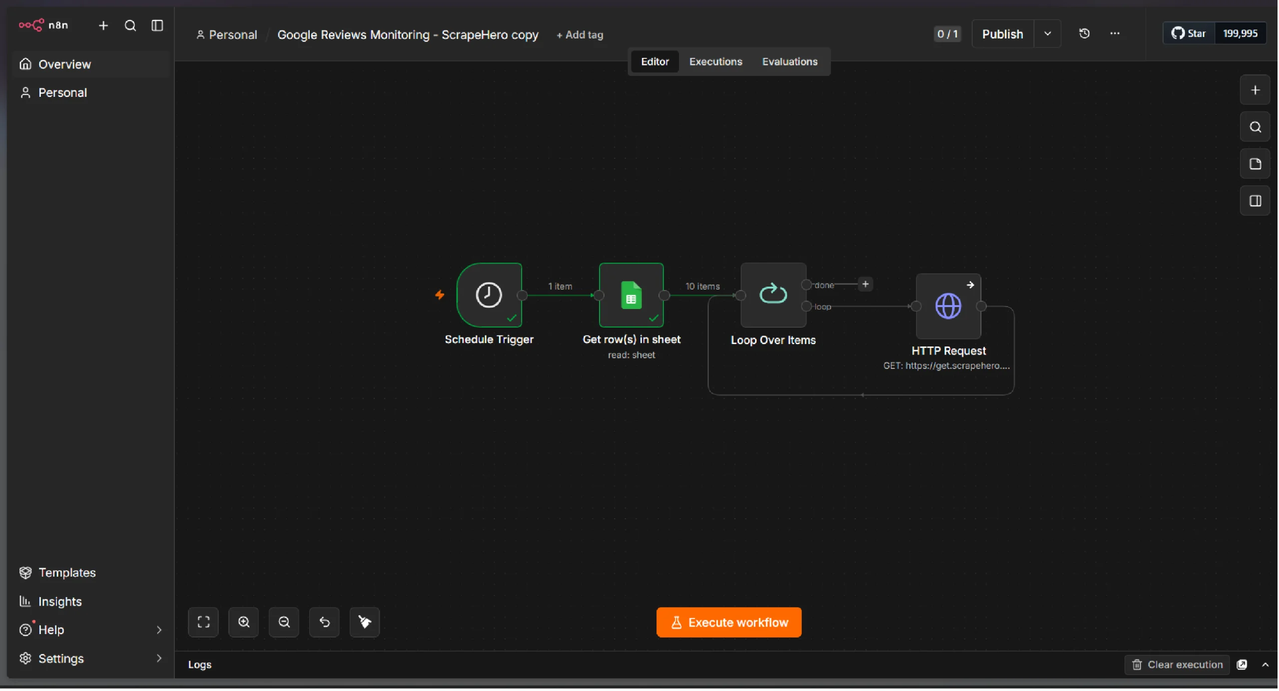 n8n dashboard showing the Schedule Trigger, Sheet, Loop, and HTTP Request nodes