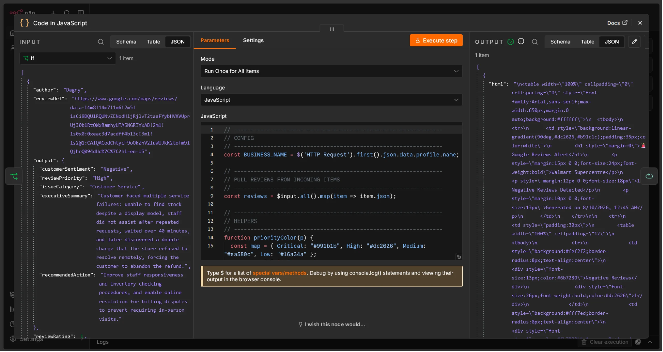 n8n's Code node configuration