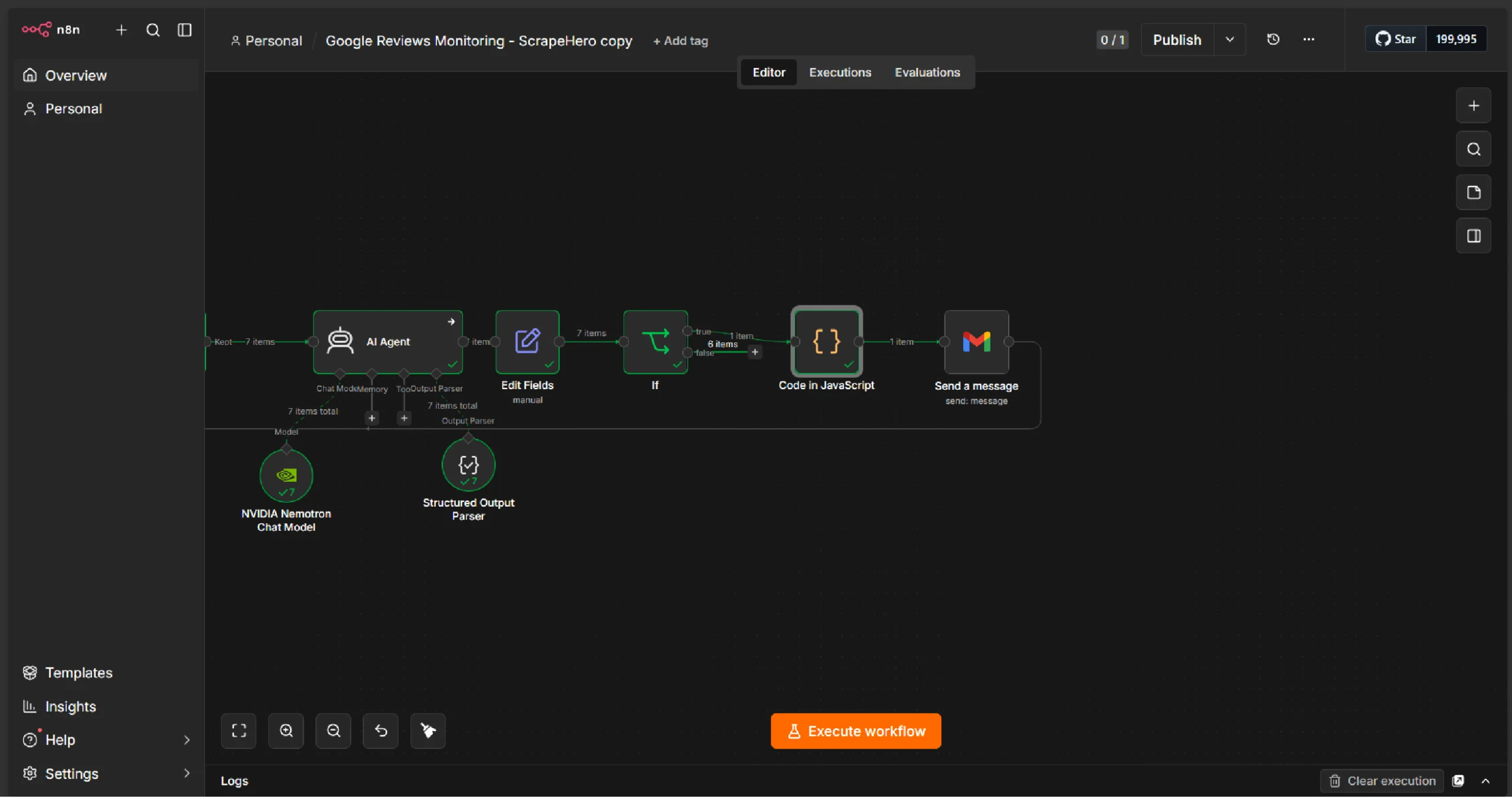 n8n dashboard showing the AI Agent, Edits field, Code, and GMail nodes