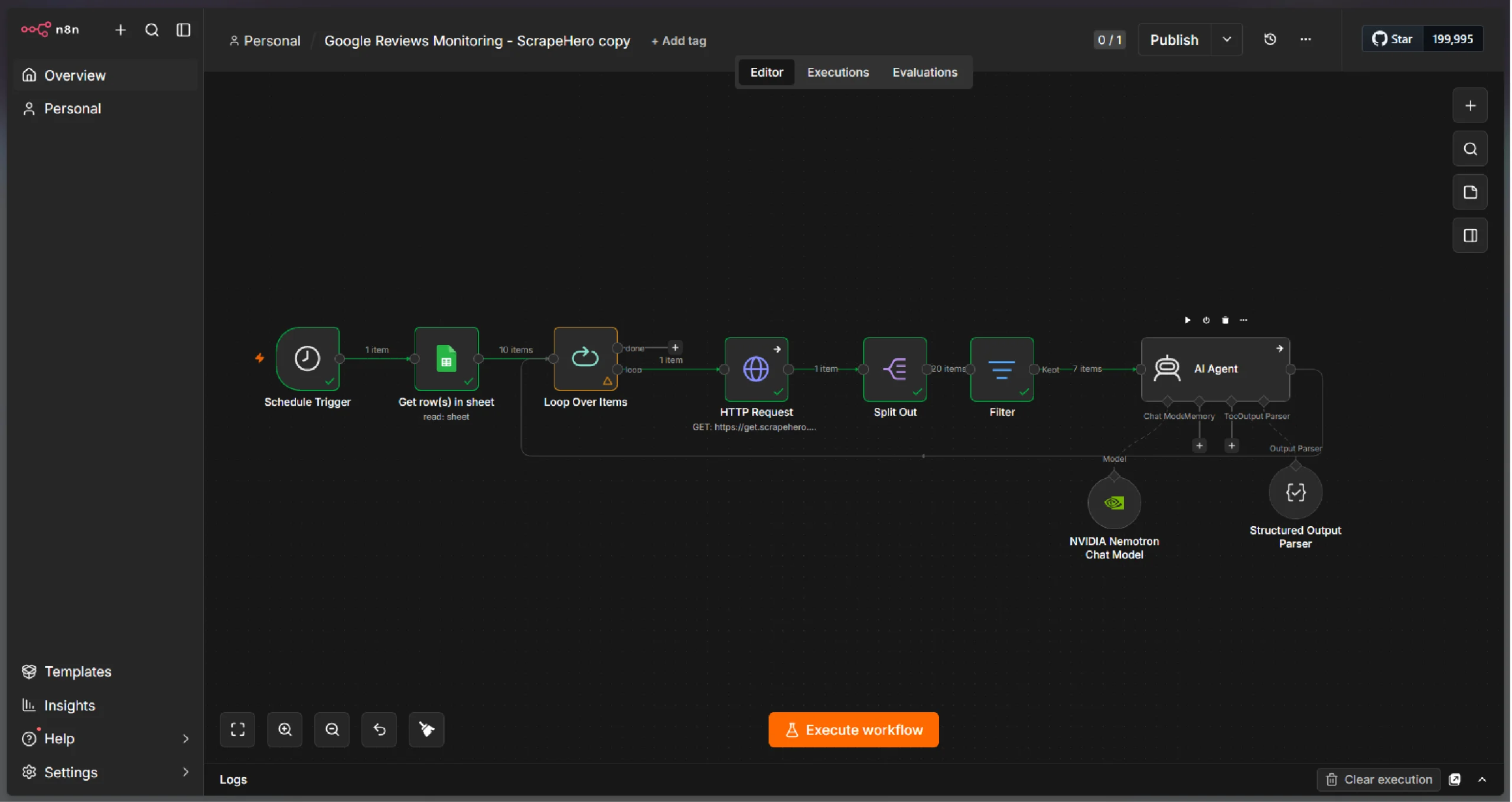n8n dashboard showing the Schedule Trigger, Sheet, Loop, HTTP Request, Split Out, Filter, and AI Agent nodes