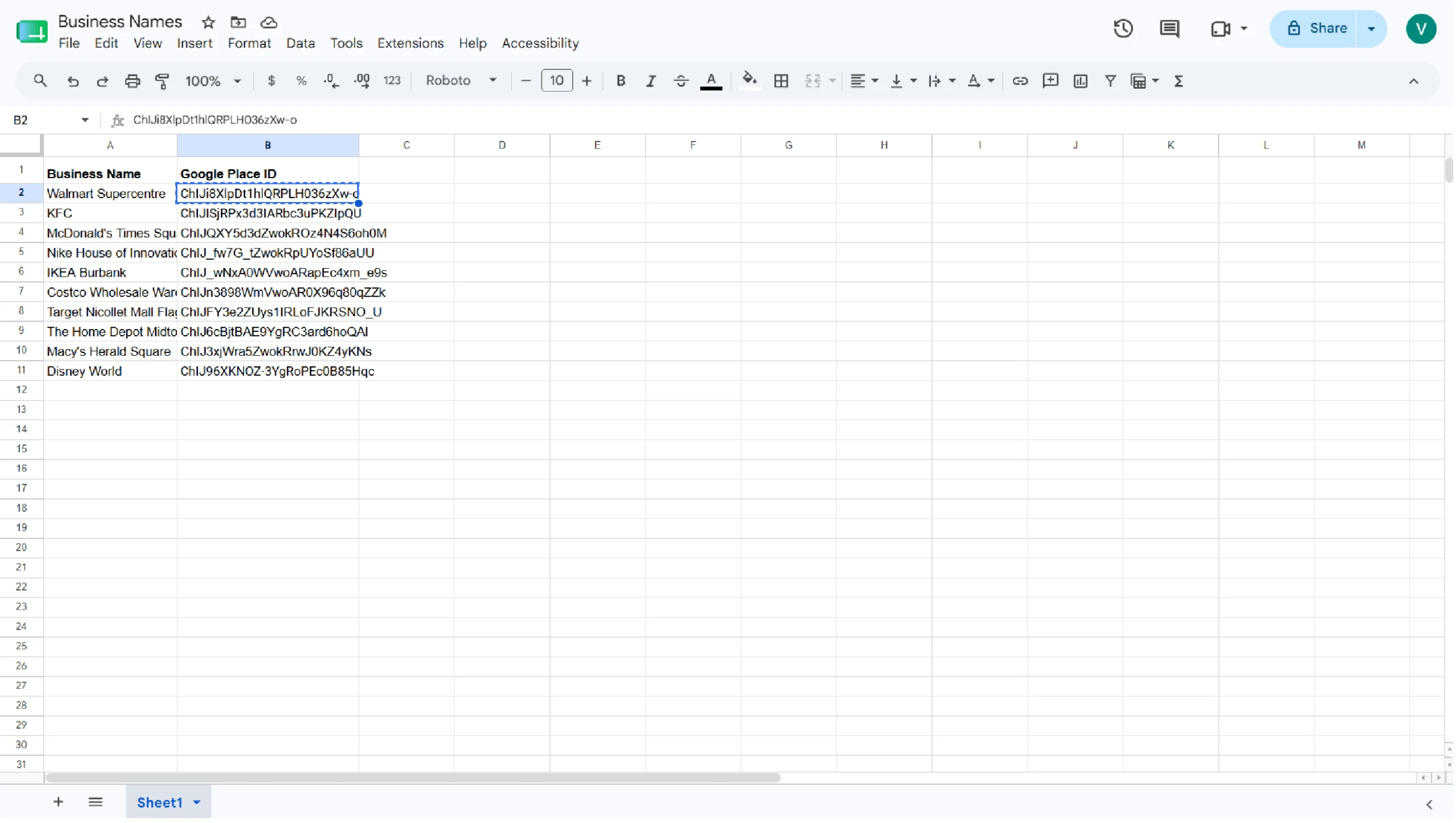 Google sheets showing business names and place ID's