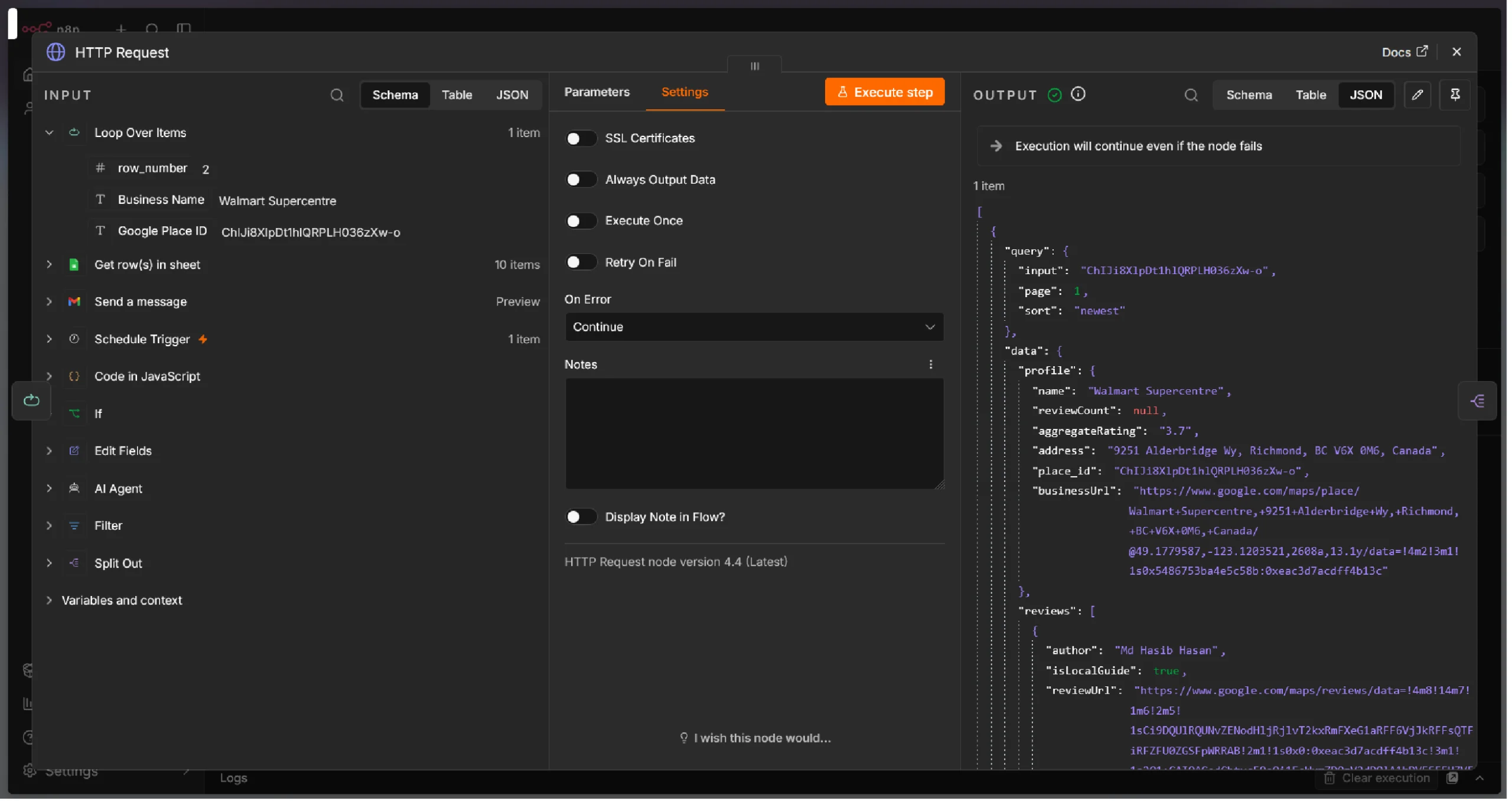 n8n's HTTP Request node configuration showing settings