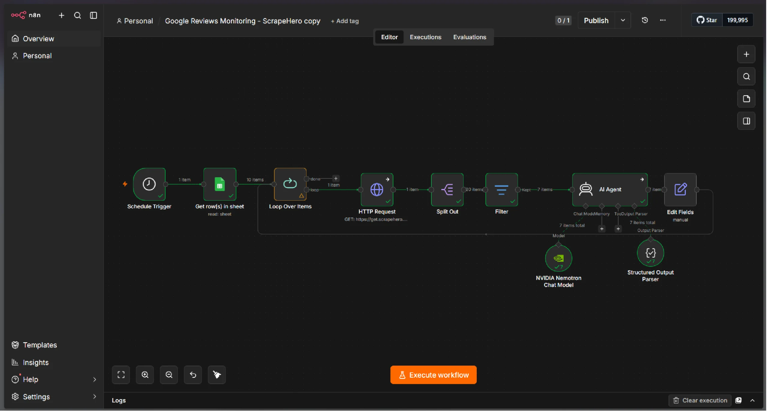 n8n dashboard showing the Schedule Trigger, Sheet, Loop, HTTP Request, Split Out, Filter, AI Agent nodes, and Edits Field nodes