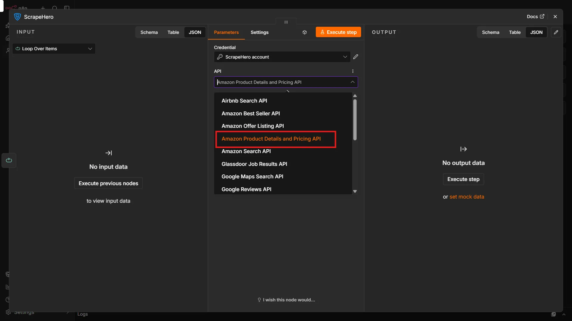Selecting Amazon Product Details and Pricing API in the ScrapeHero n8n node