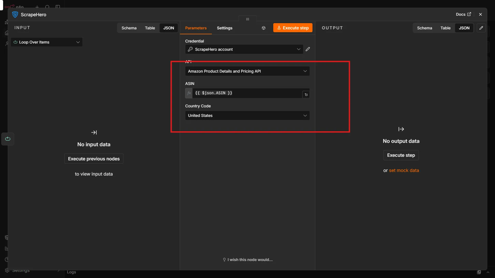 Configuring the ScrapeHero n8n node to fetch data from Amazon product Details and Pricing API