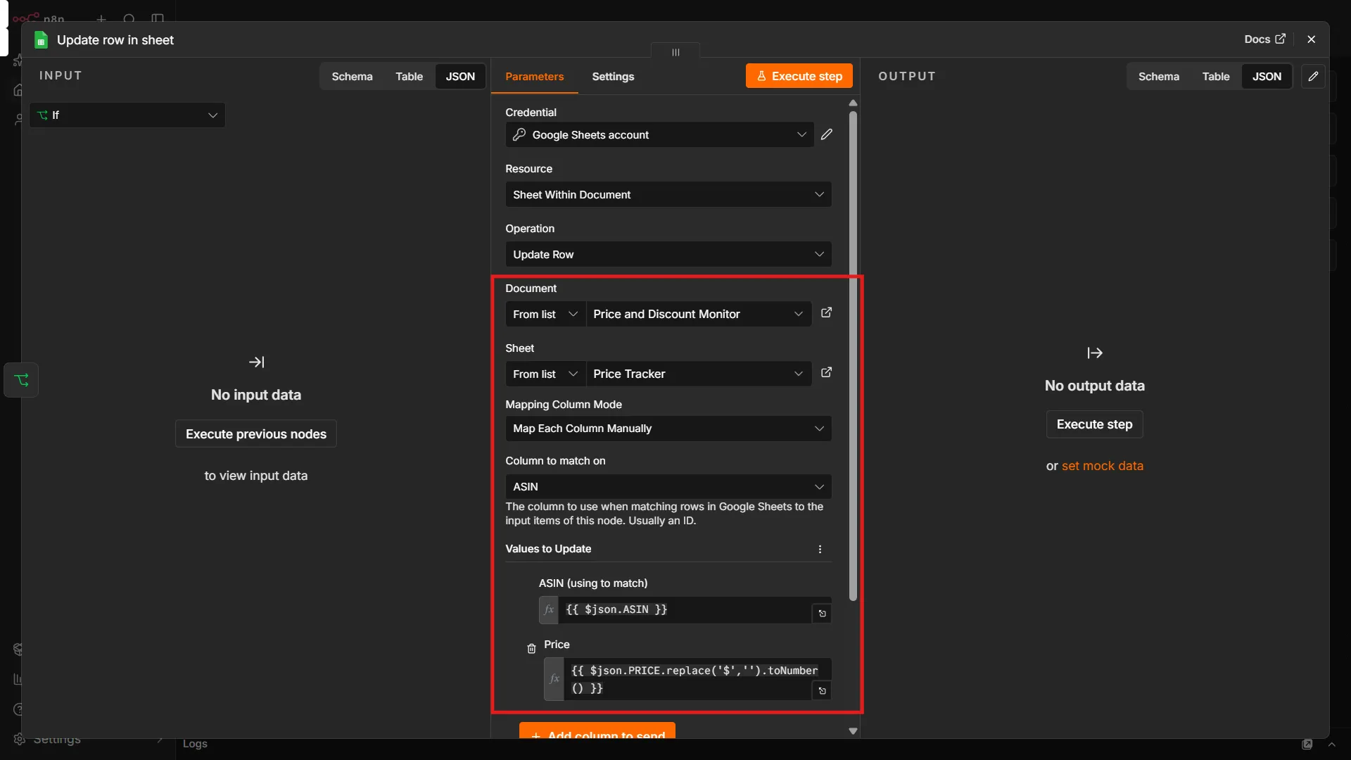 Configuring the Google Sheet's node to update prices