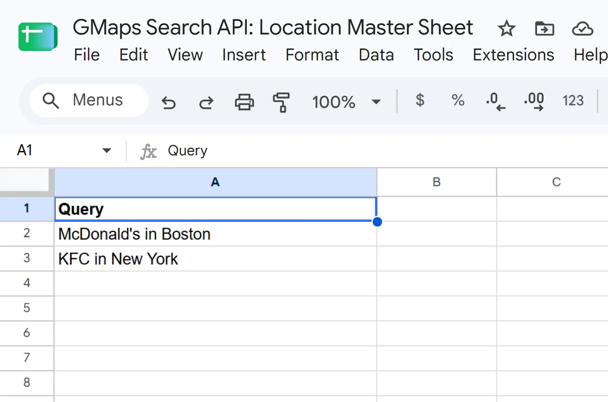Google Sheets with queries in a column with the header Query
