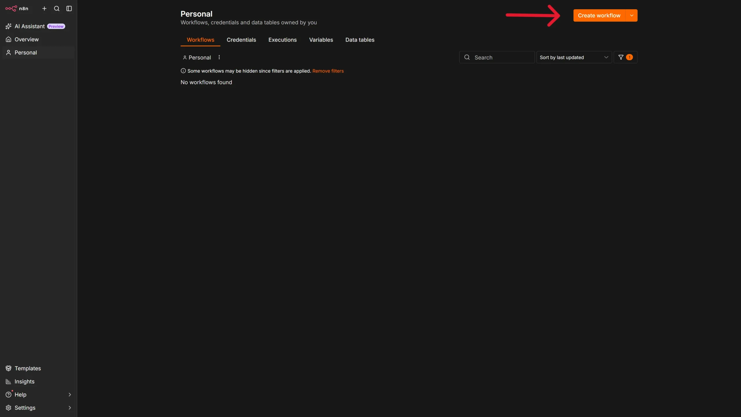 n8n dashboard showing Create Workflow button with a red arrow pointing to it