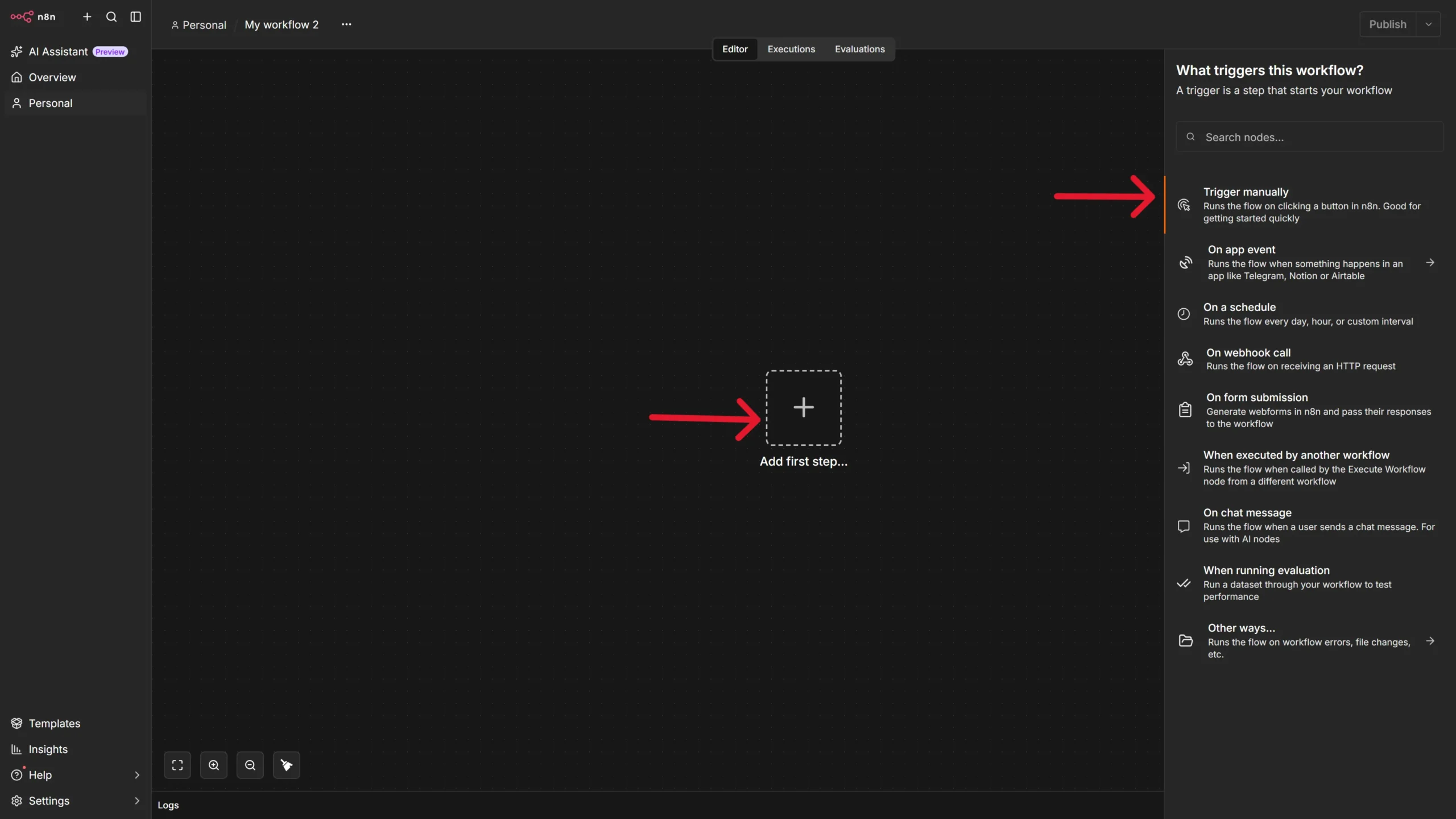 Empty n8n canvas showing a plus icon in the center and Trigger manually option showing in the right panel