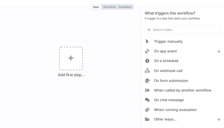 Sign in to n8n, open the editor, and click + in the top right to open the Nodes panel
