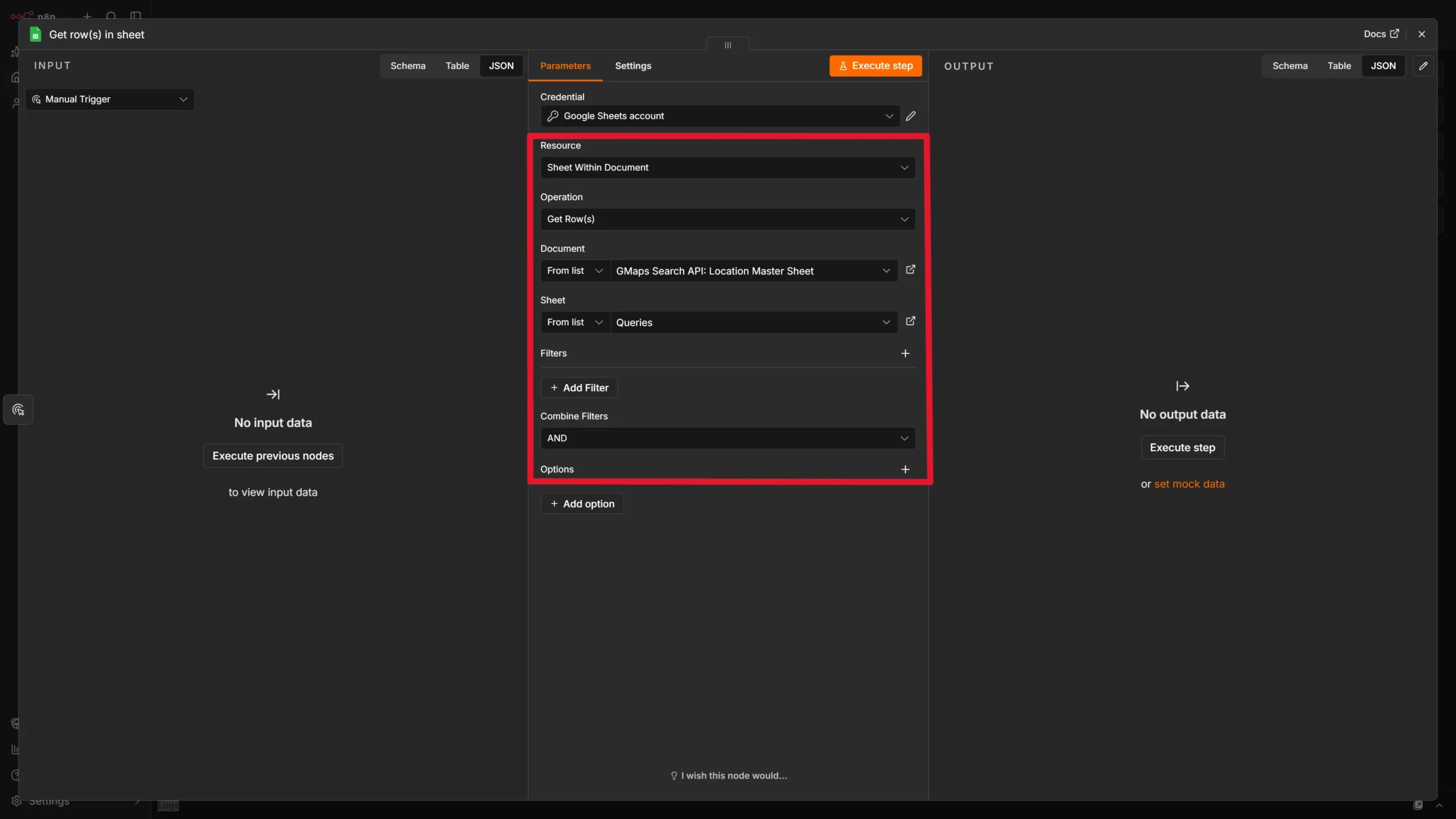 Configuring the Google Sheet node to get rows from a sheet within a row