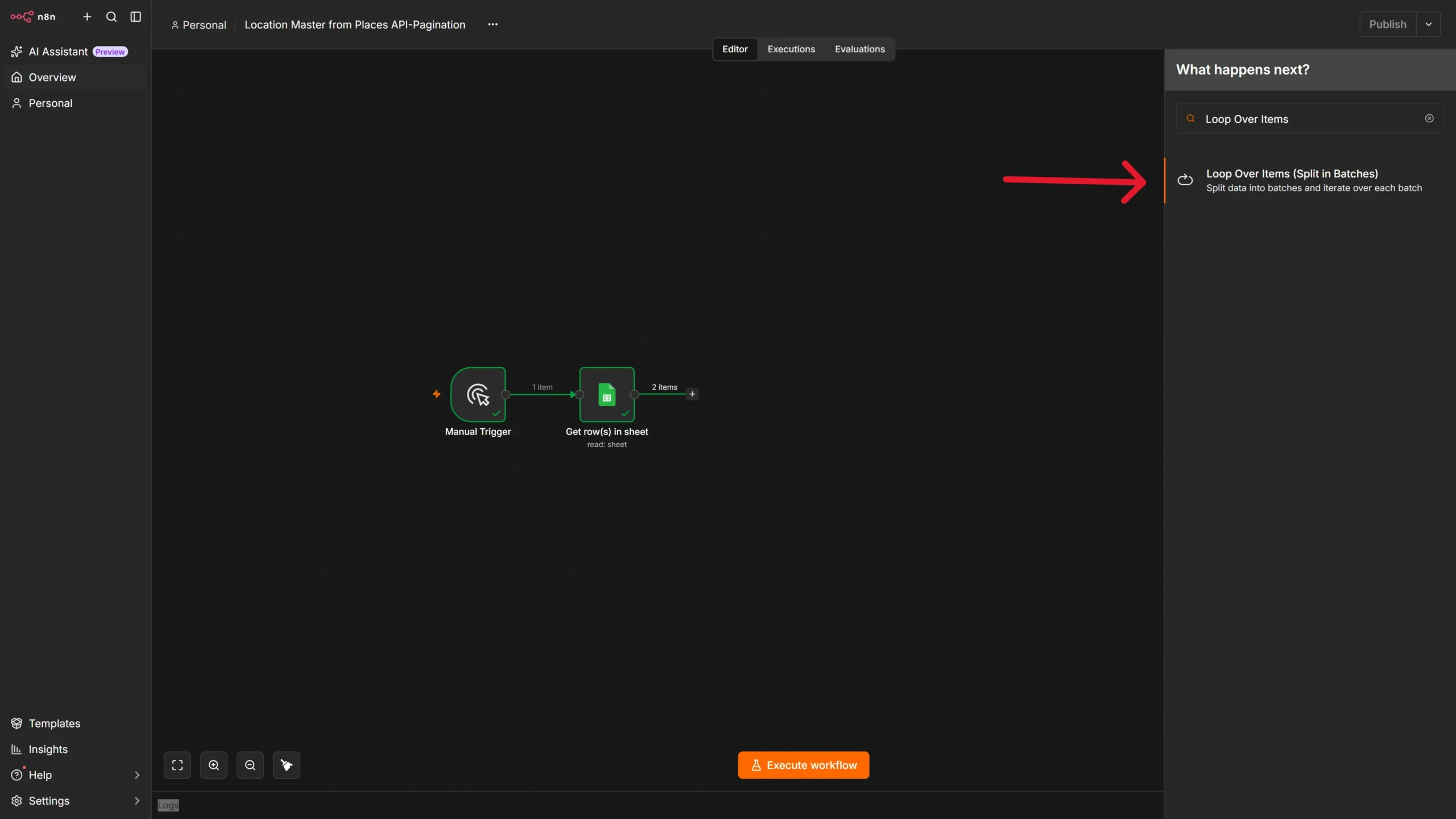 Adding the Loop Over Items node to a Google sheet node in n8n