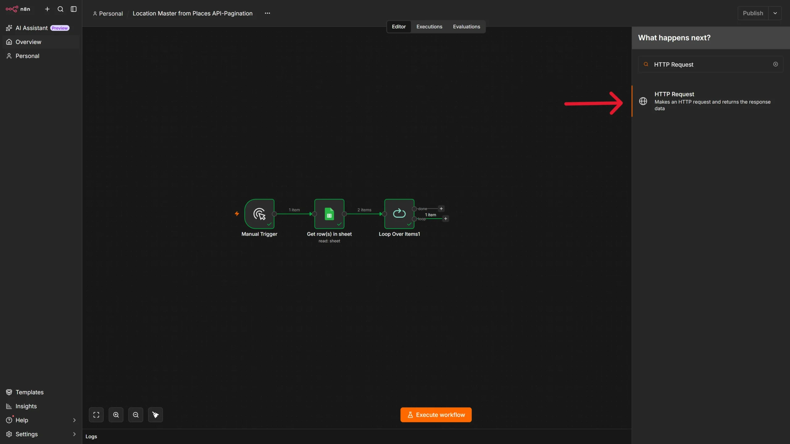 Connecting an HTTP request node to the Loop Over Items node