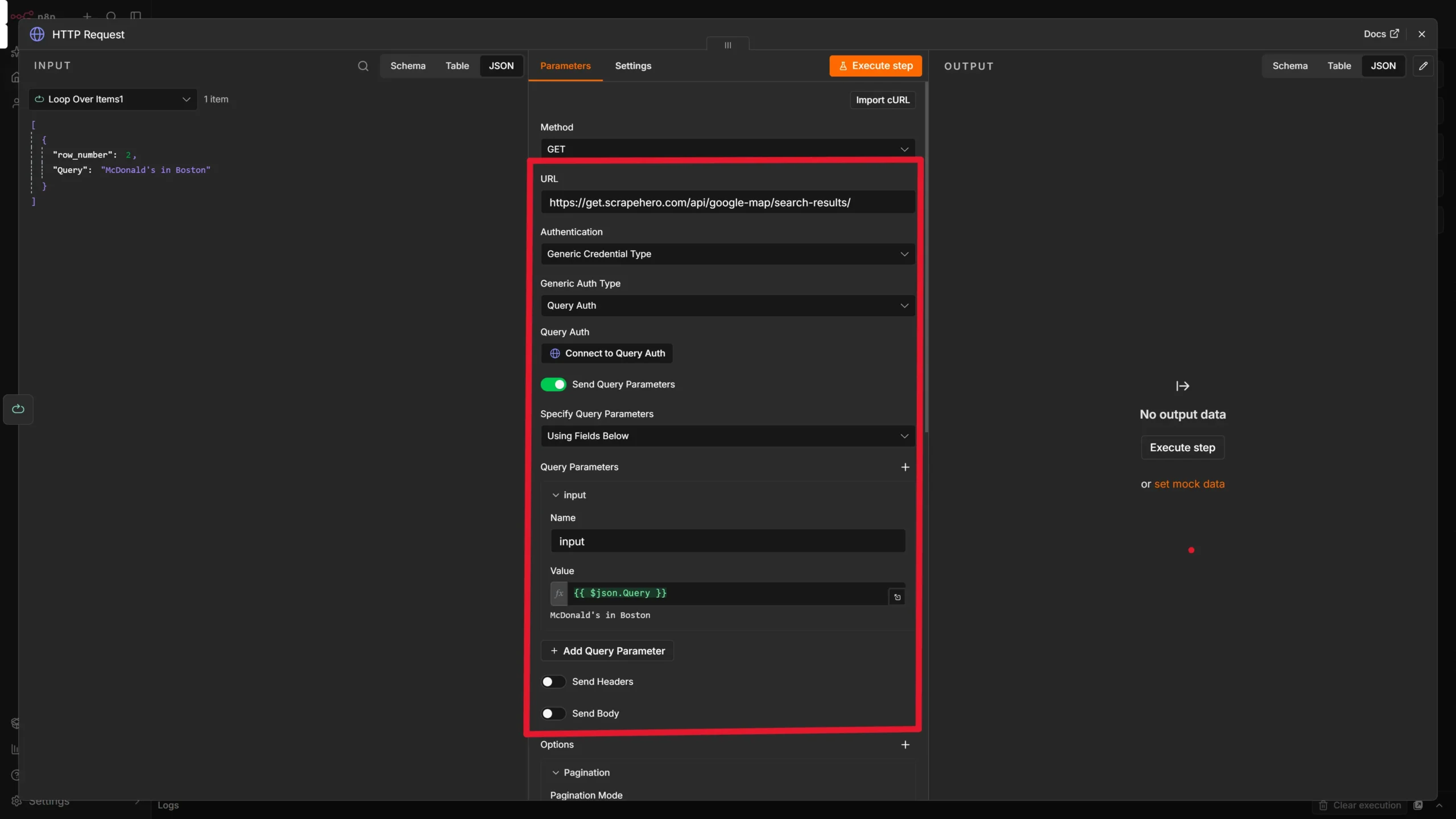 Setting up API endpoint and parameters in the HTTP request node