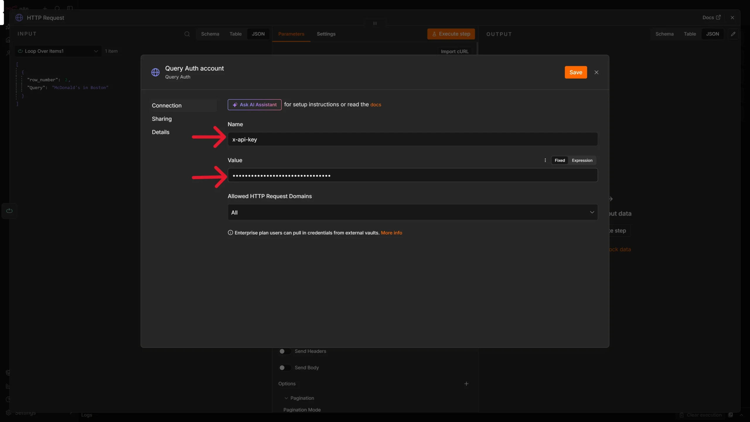 Setting up API key in the HTTP request node