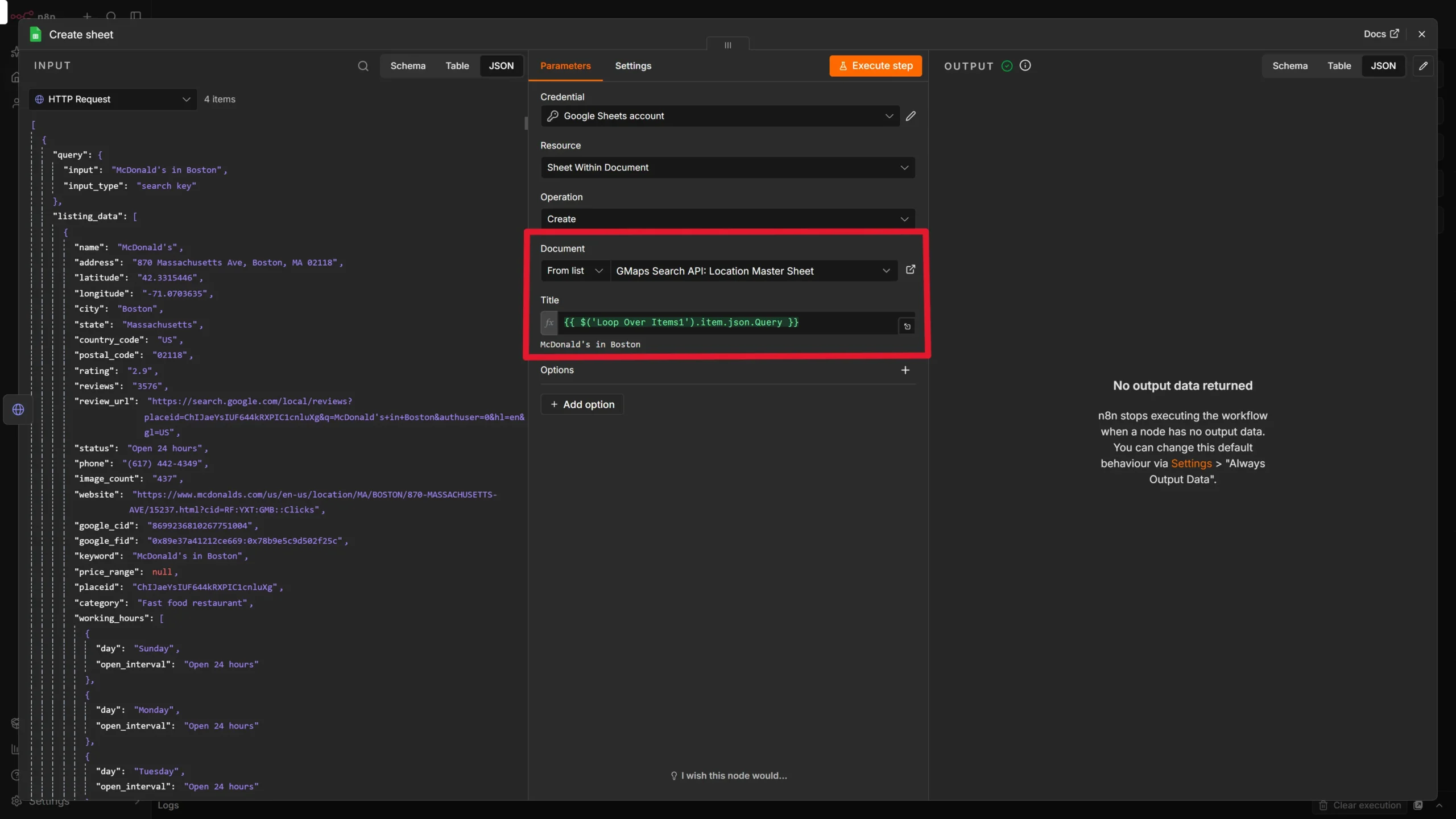 Configuring the Google sheet node with create sheet action