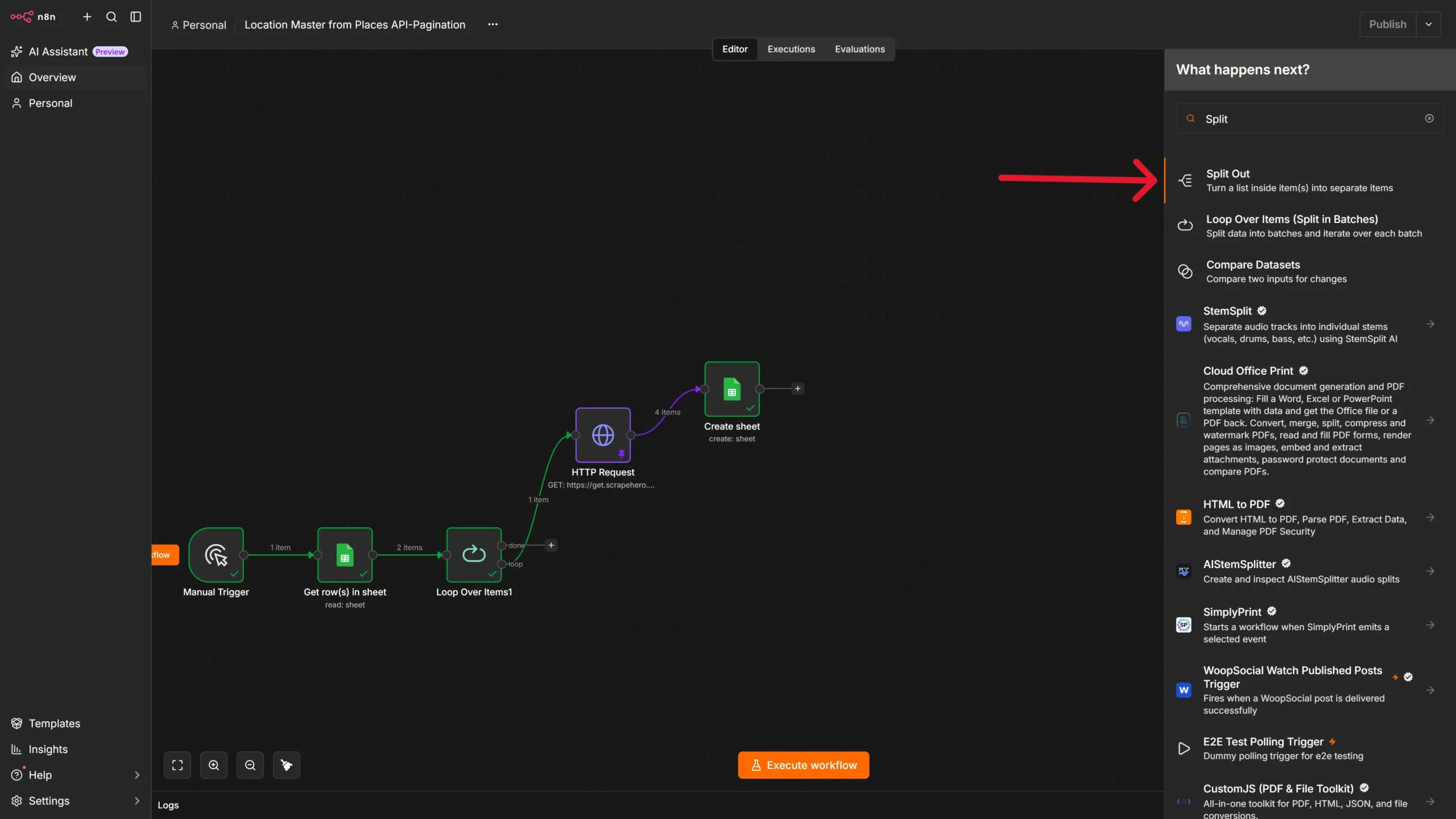Connecting a Split Out Node to an HTTP request node