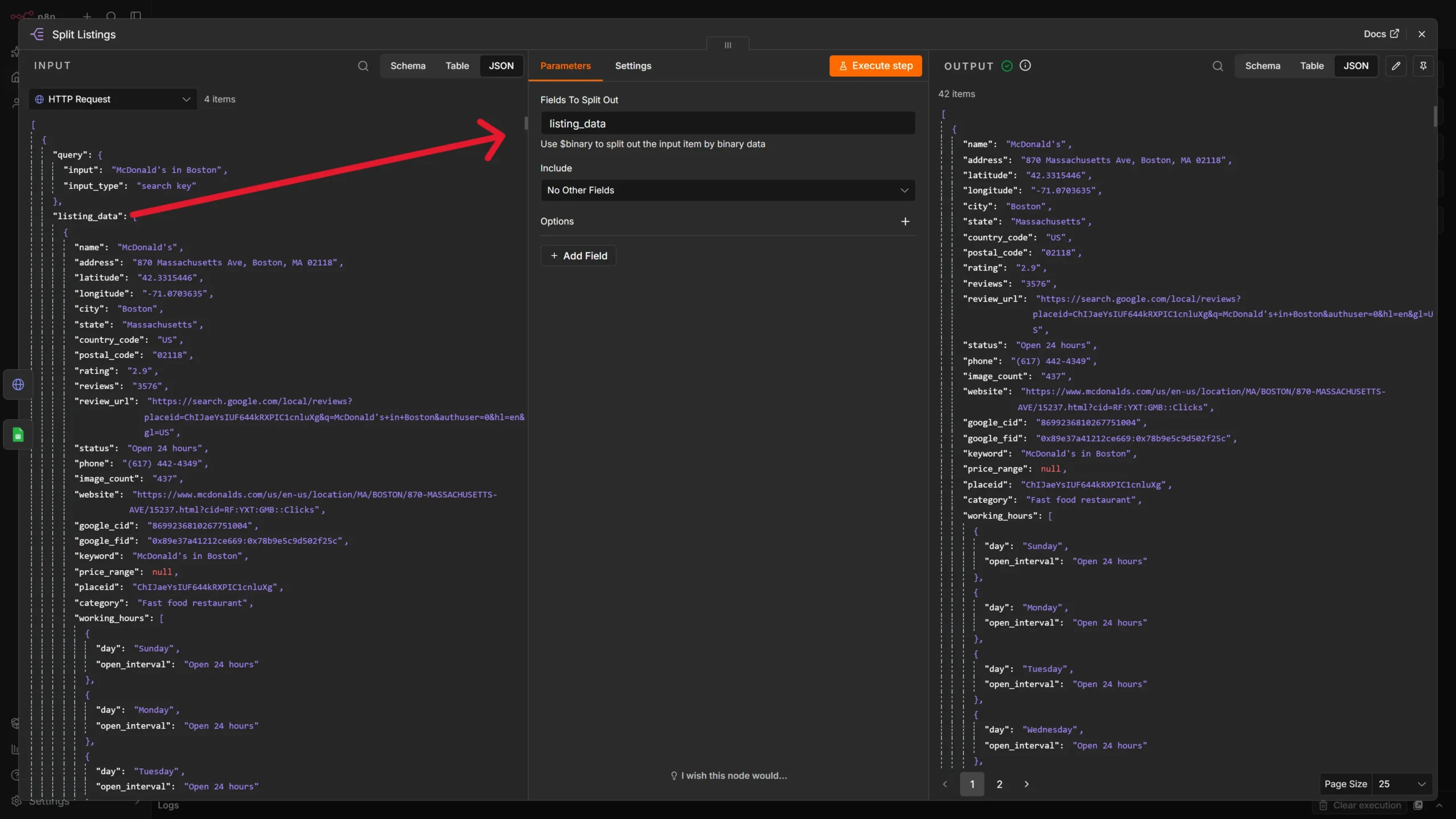 Configuring Split Out node to separate individual Google Maps listings