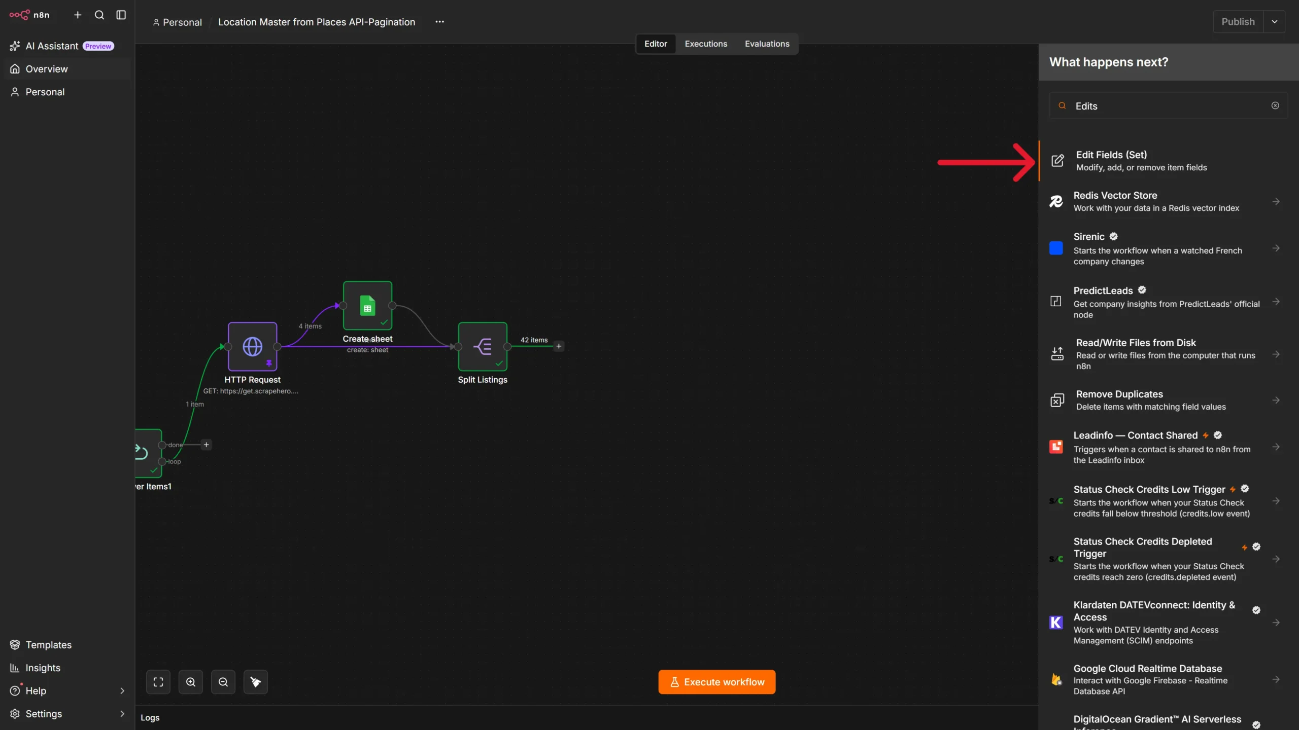 Connecting Edit Fields node to the Split Out node