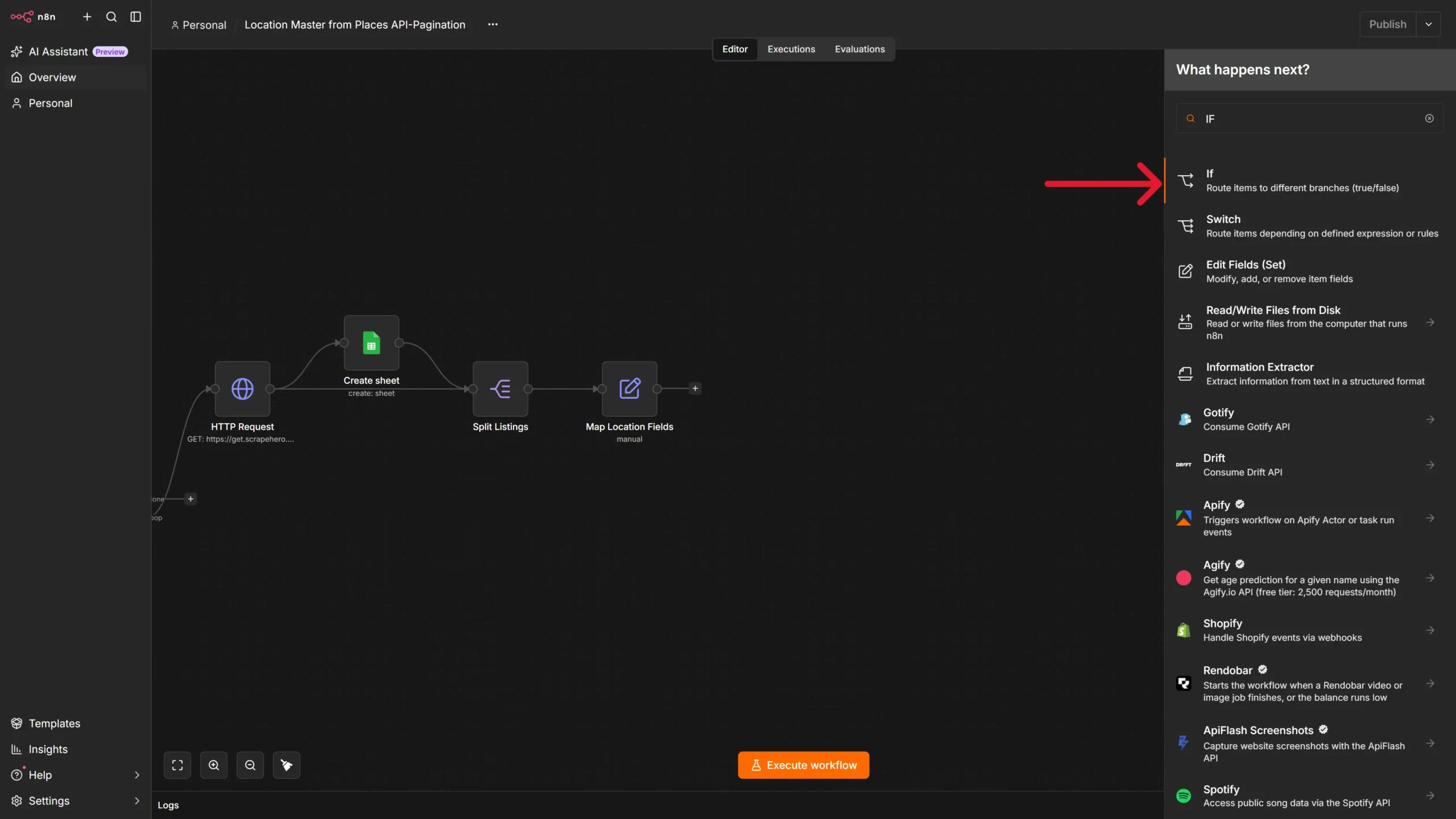 Connecting an If node to the Edit Fields node