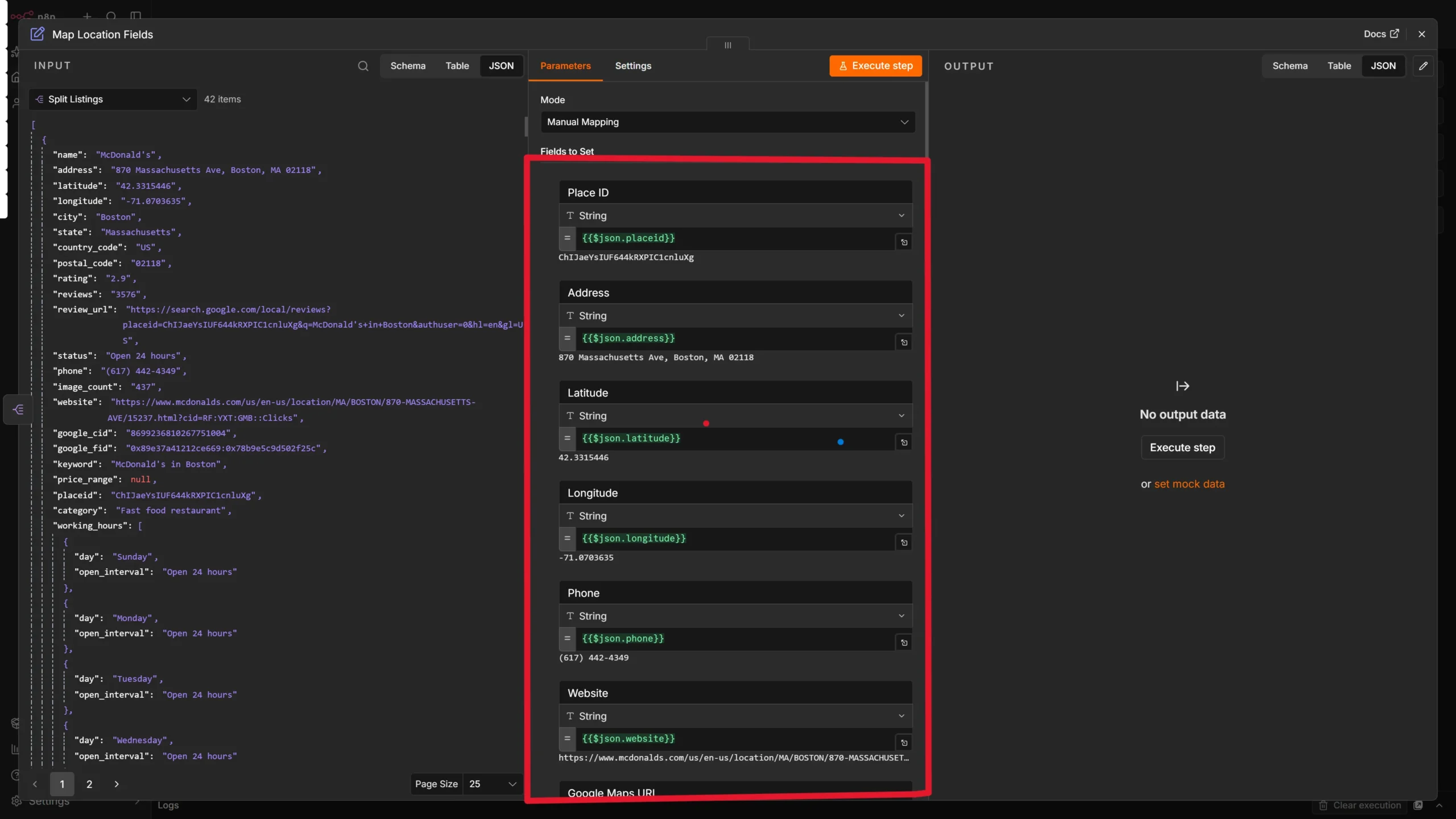 Configuring the Edit fields node to extract PlaceID, Address, Latitude, Longitude, Phone, Website, Google Maps URL