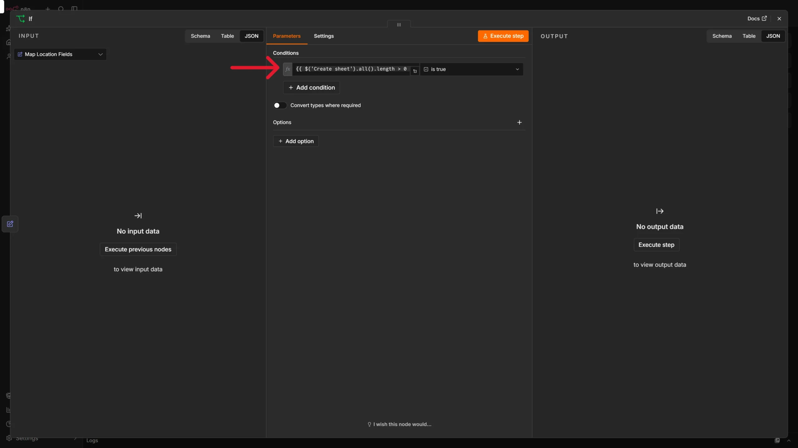 Configuring If field to check if the create sheet node's output has a length greater than zero