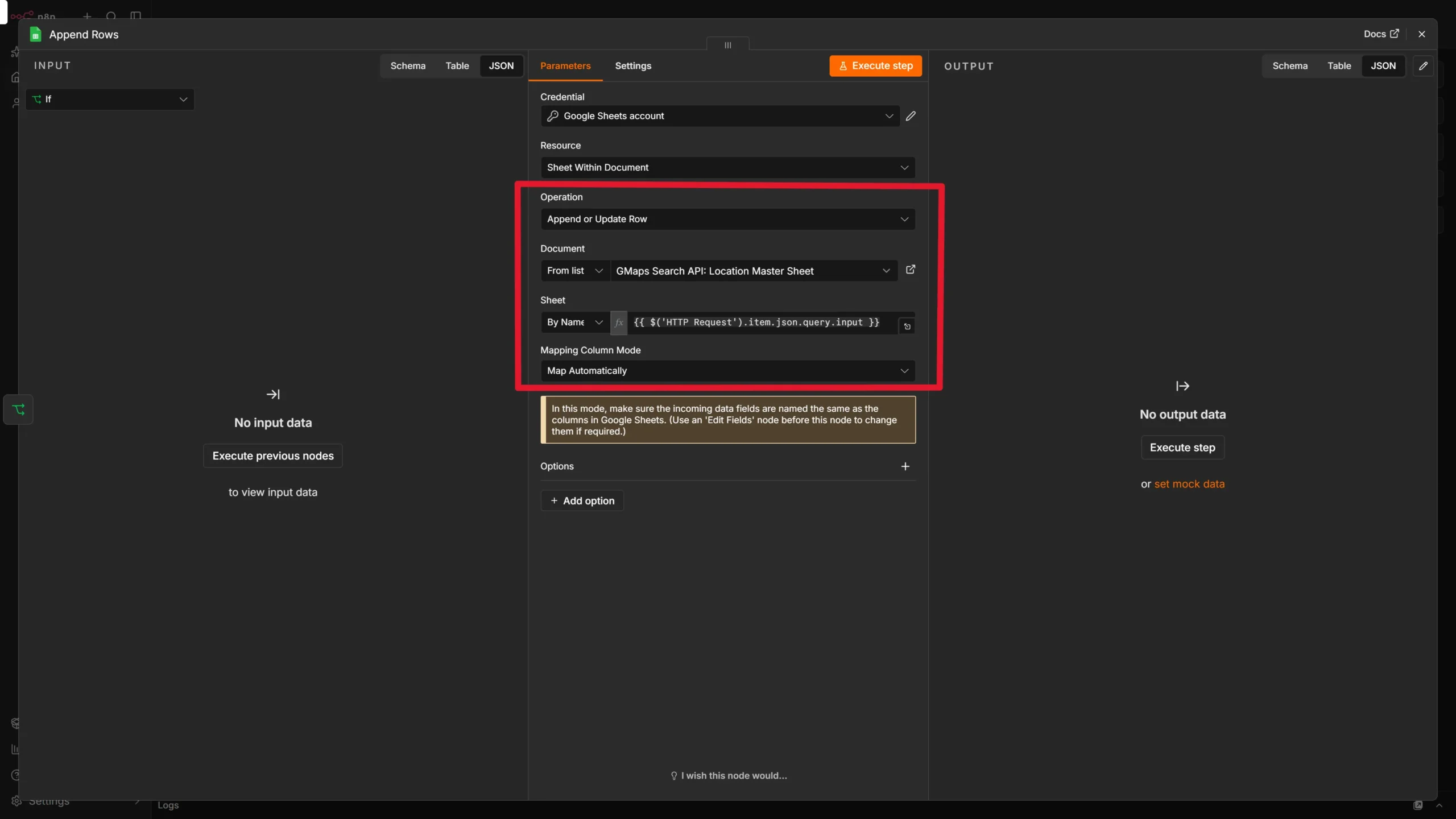 Configuring the Document and Sheet to be appended in the Google sheet node