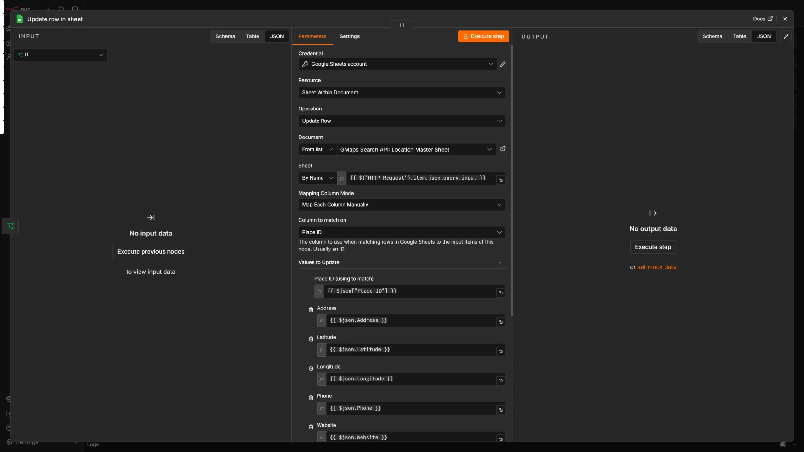 Configuring the document and sheet to be updated in the Google sheet node