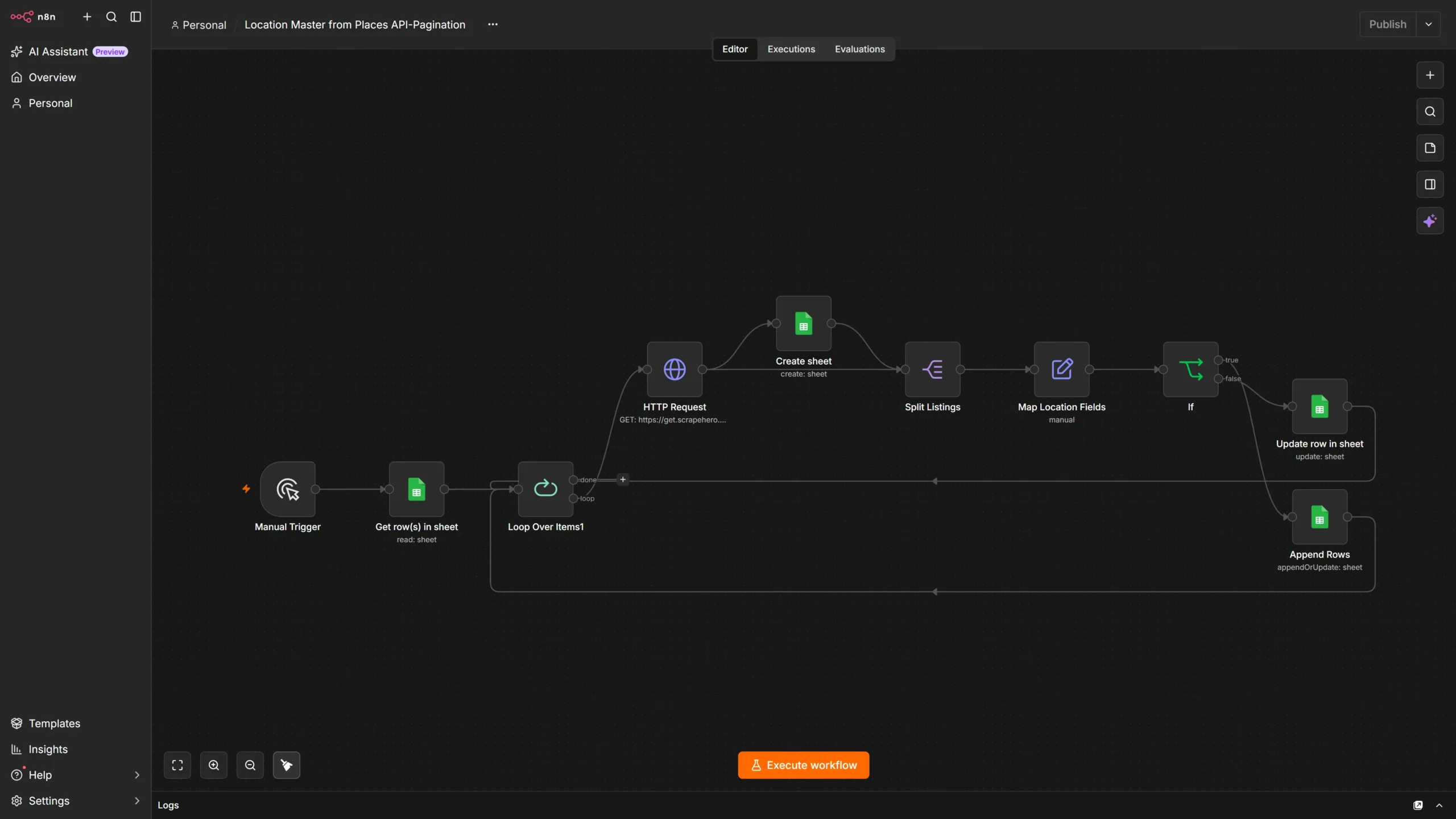 A complete n8n workflow to create a location master sheet using ScrapeHero Cloud