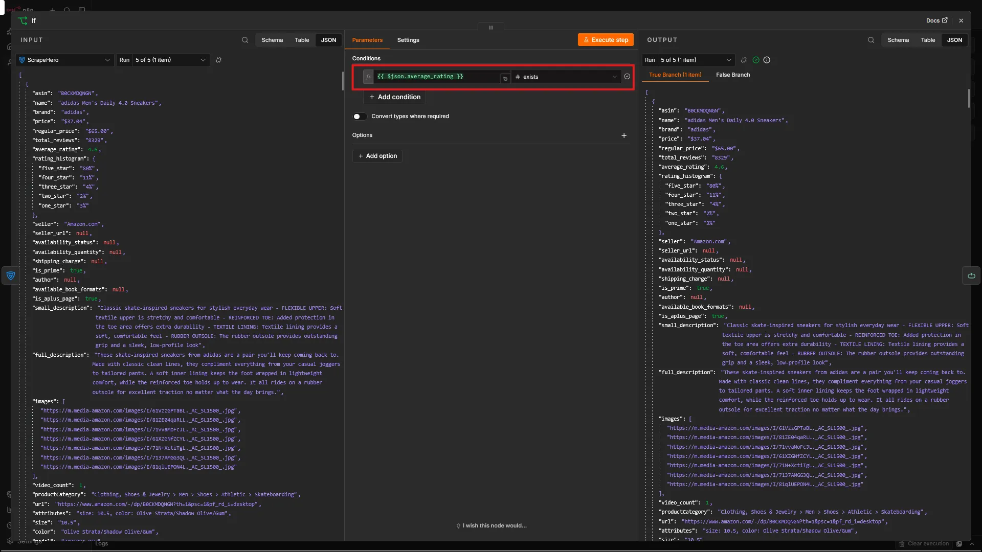 Configuring the If node after the ScrapeHero node