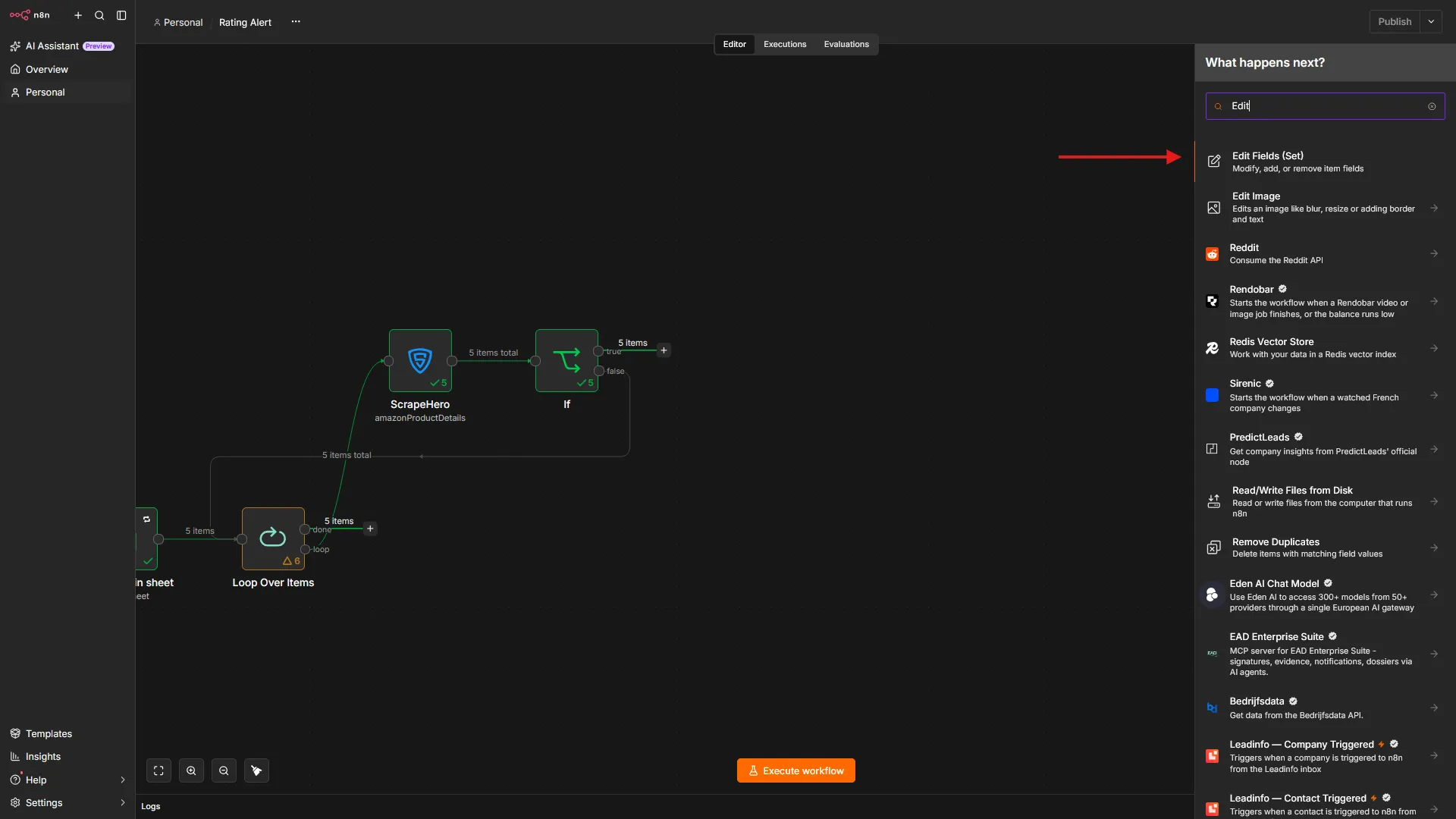 Connecting an Edit fields node to the If node
