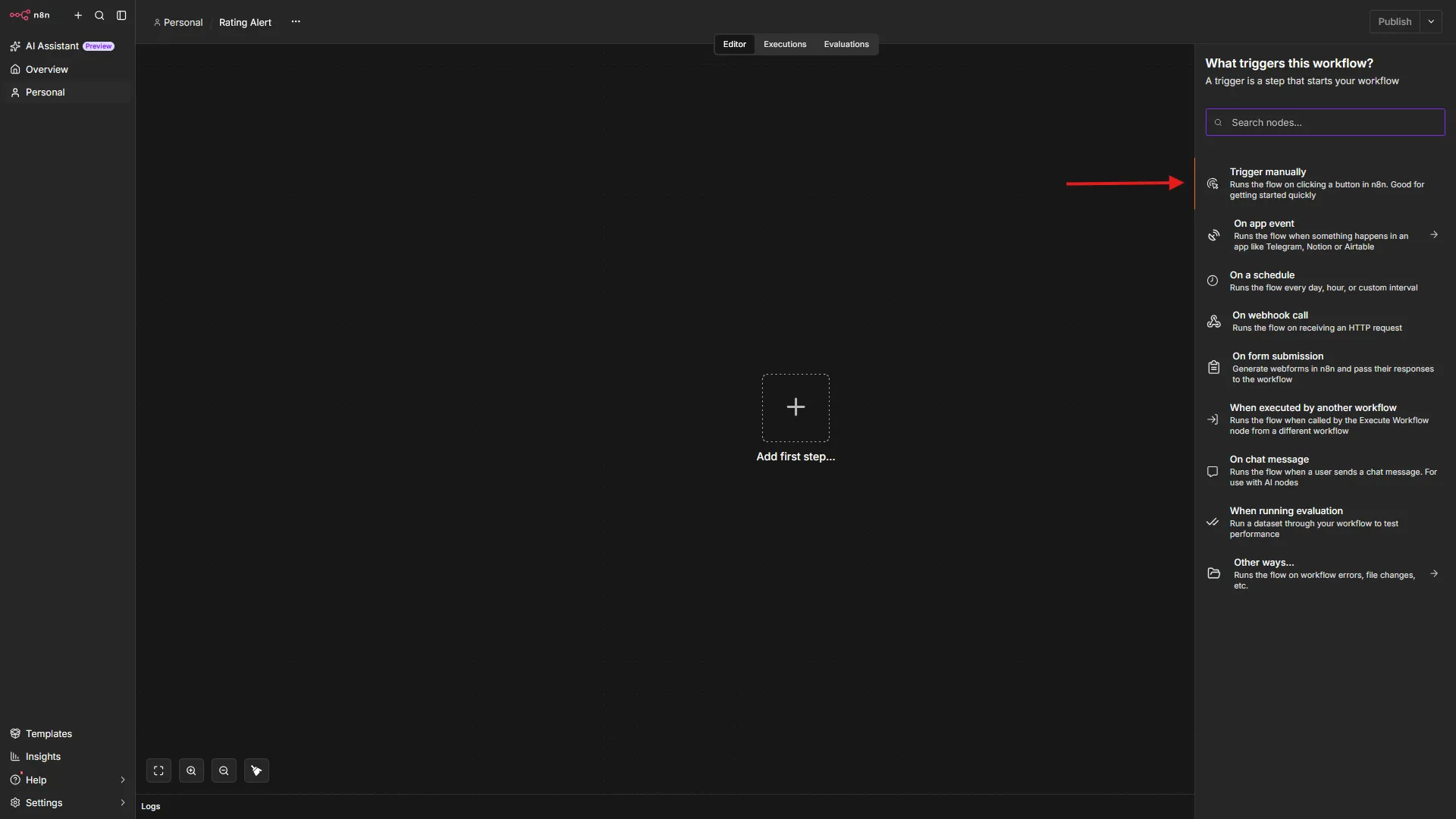 Empty n8n canvas showing a plus icon in the center and the Trigger manually option in the right panel