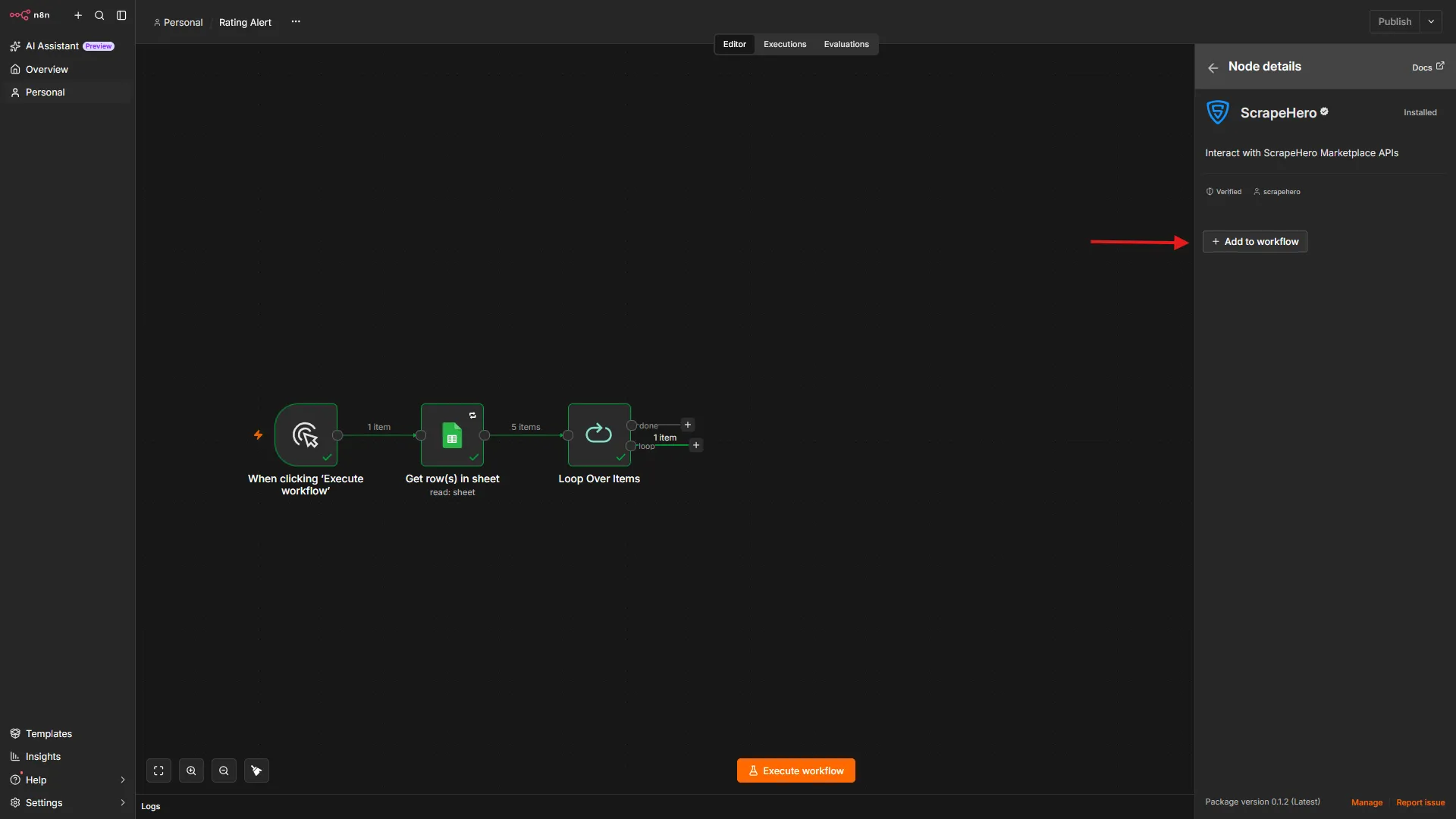 Connecting a ScrapeHero node to the Loop Over Items node