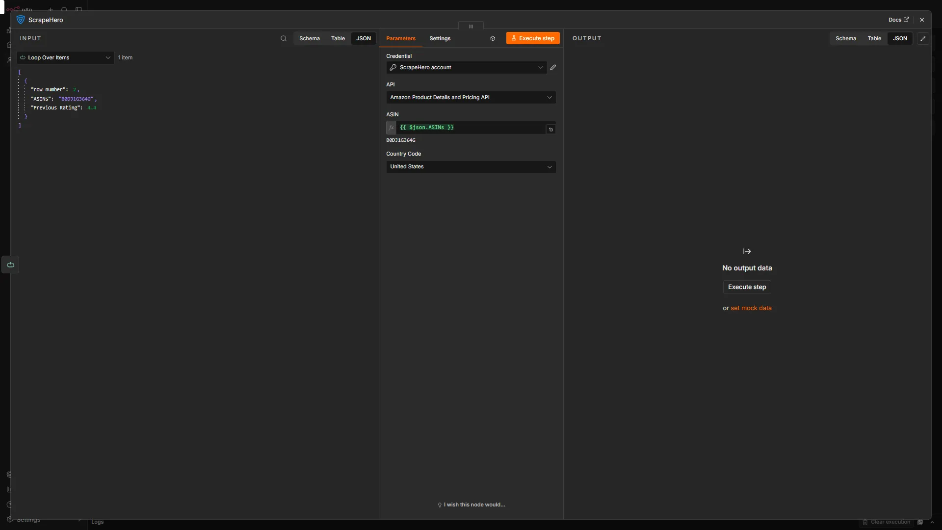Setting up the API and parameters in the ScrapeHero node