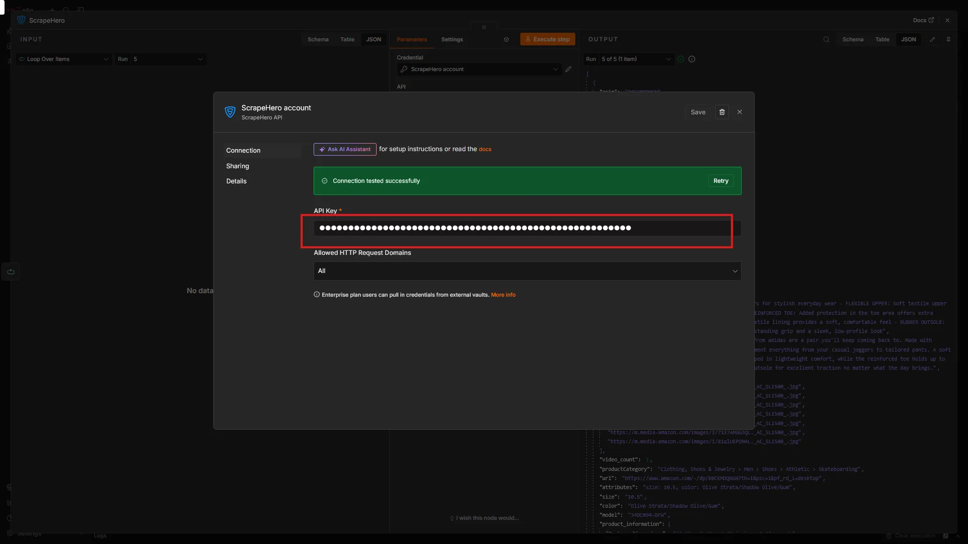 Setting up the API key in the ScrapeHero node
