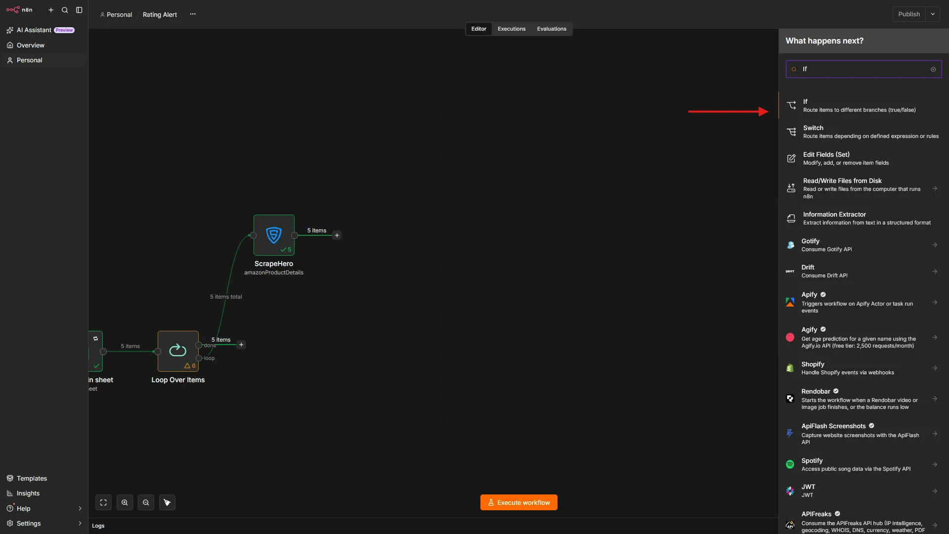 Connecting an If node to the ScrapeHero node