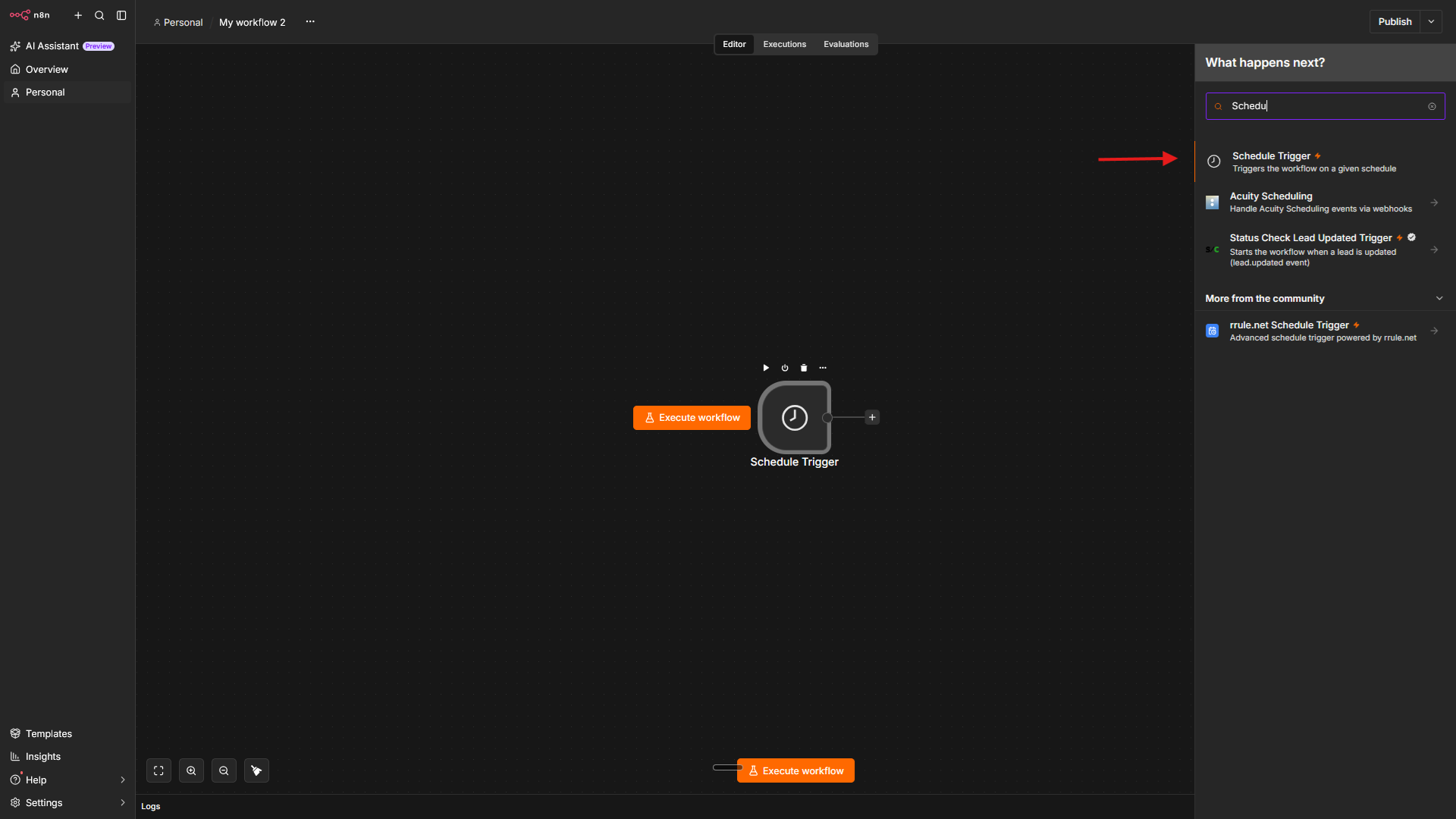 Adding a Schedule Trigger node in an n8n workflow