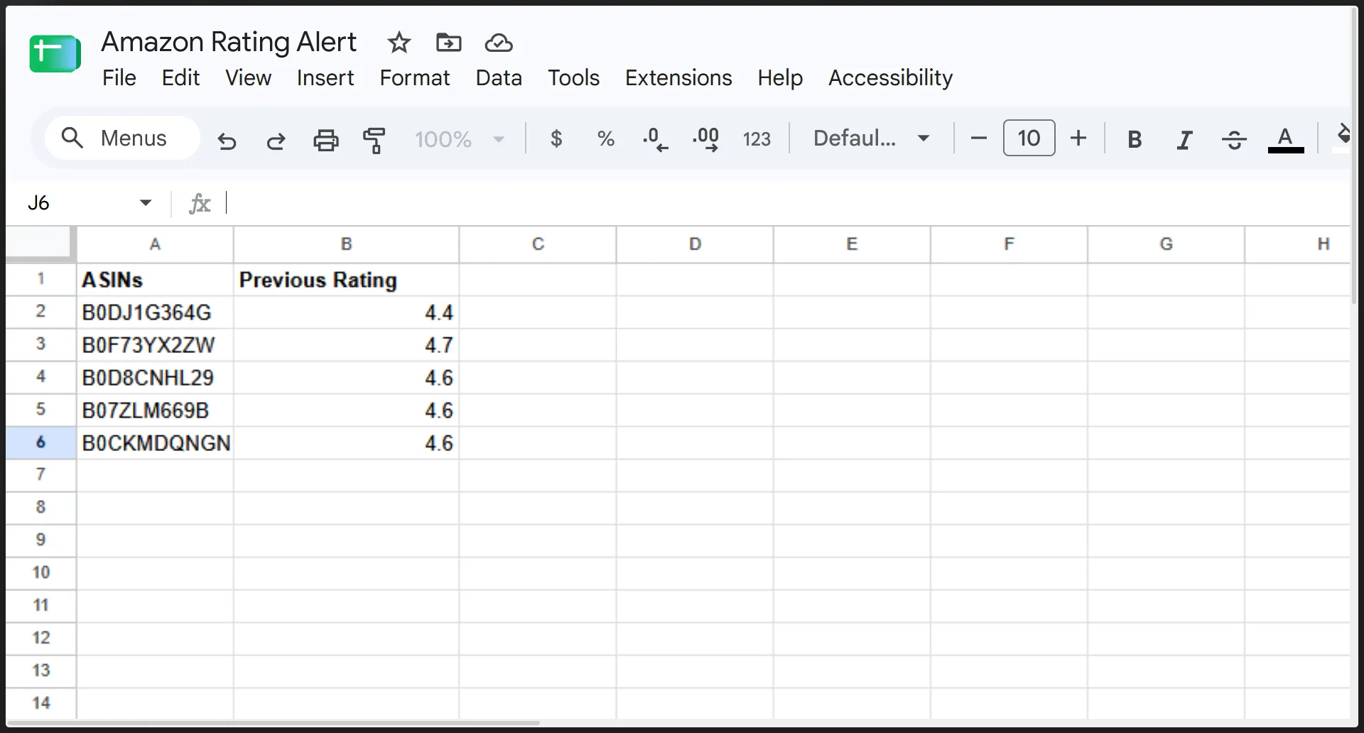 Google Sheets with ASINs and their previous ratings
