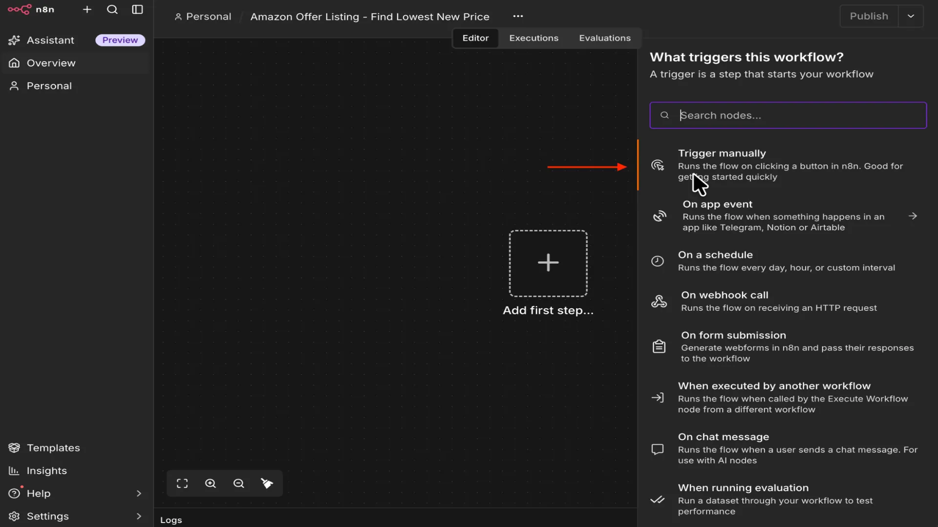 Adding a manual trigger in an n8n workflow