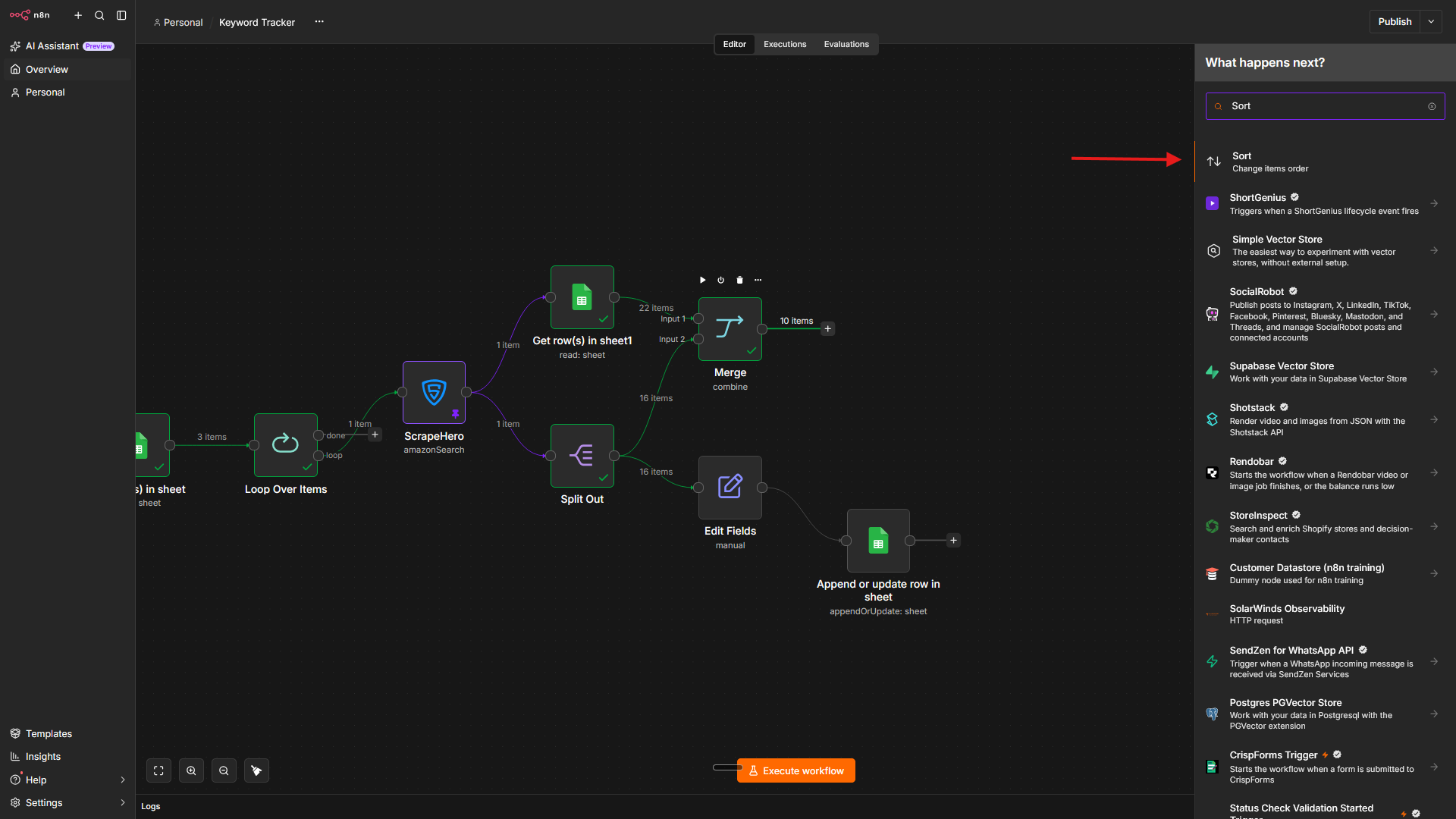 Adding a Sort node after the Merge node