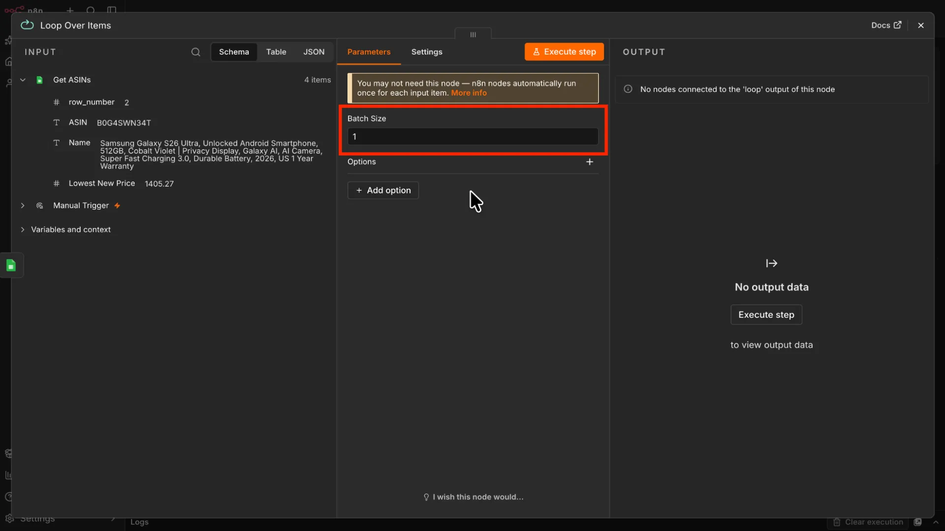 Configuring the Loop Over Items node in N8N