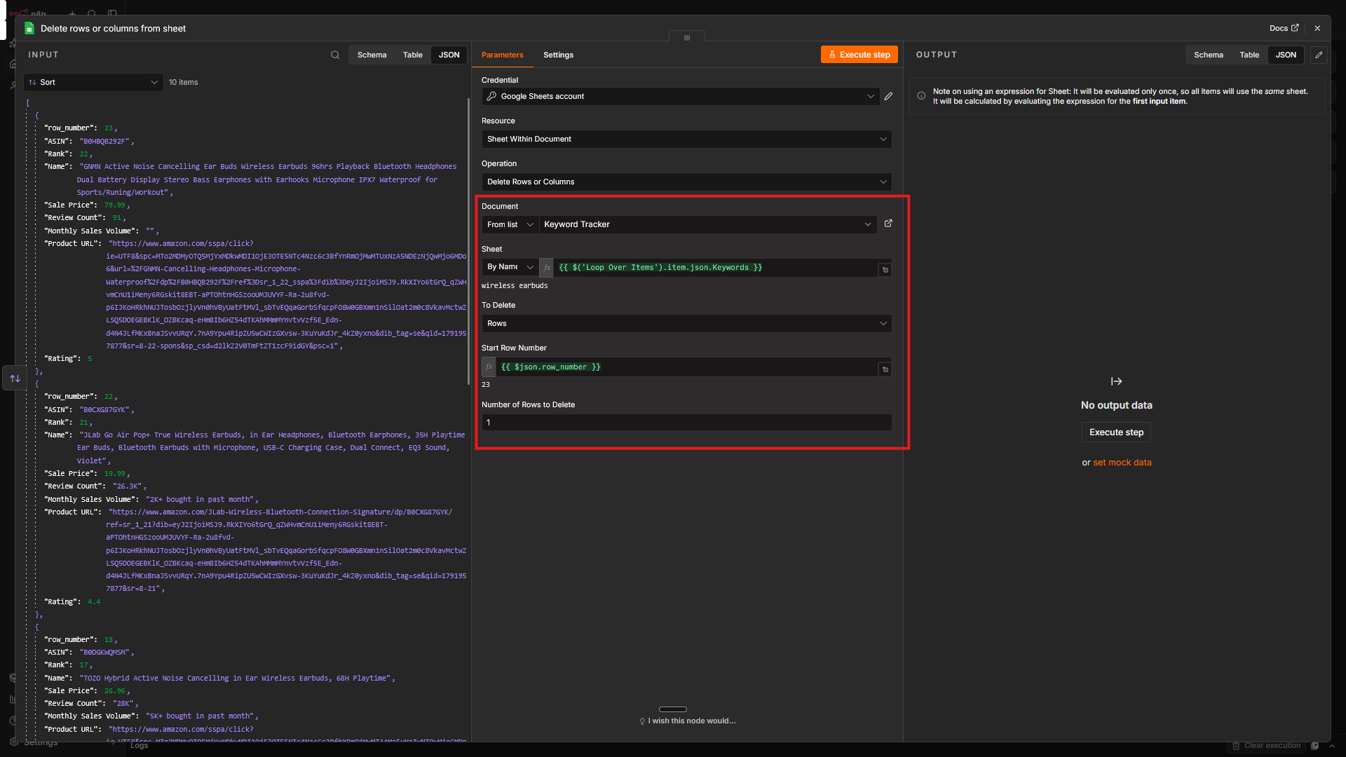 Configuring the Google sheet node to delete rows in N8N