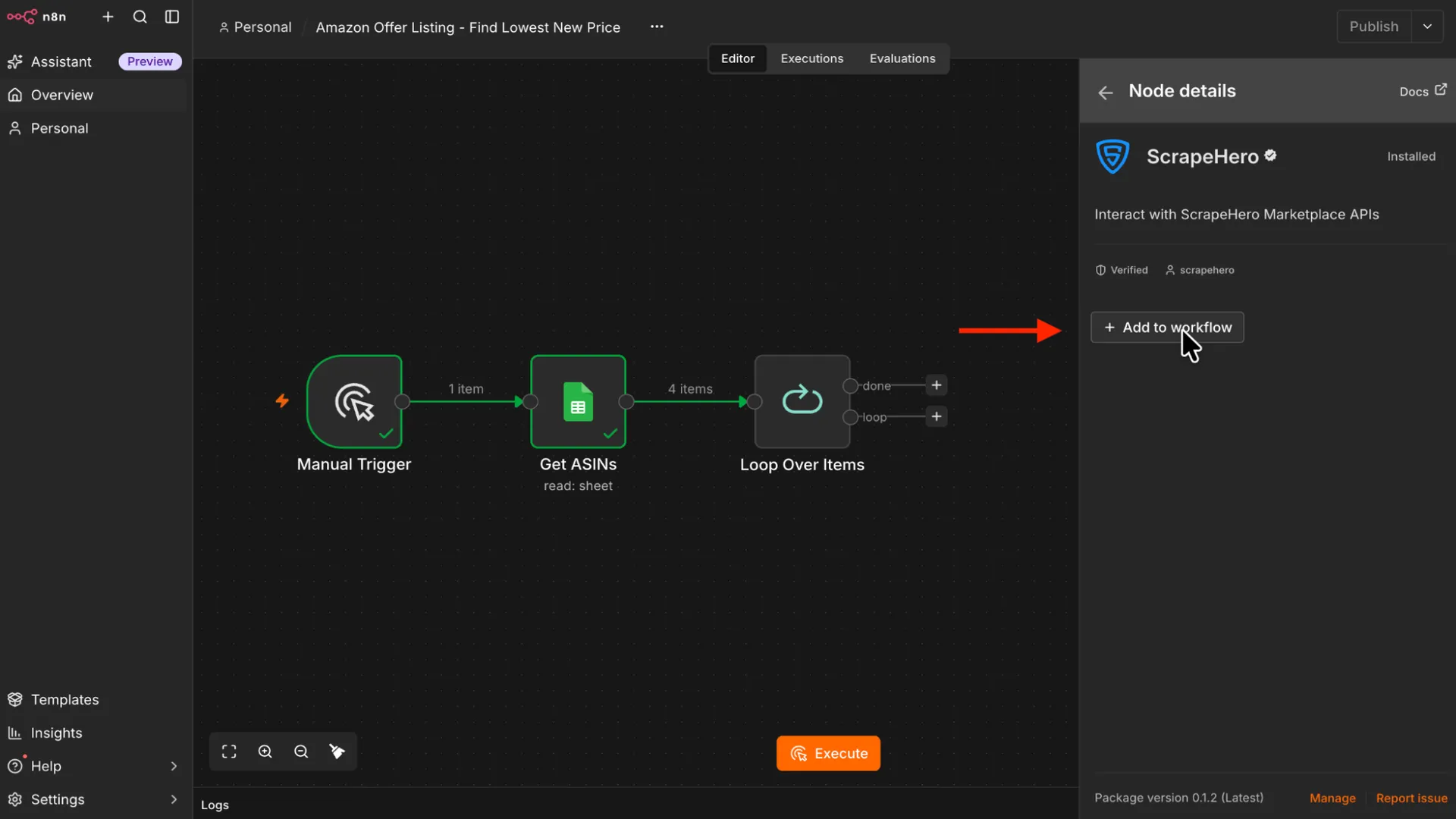 Connecting a ScrapeHero node next to the Loop Over Items node