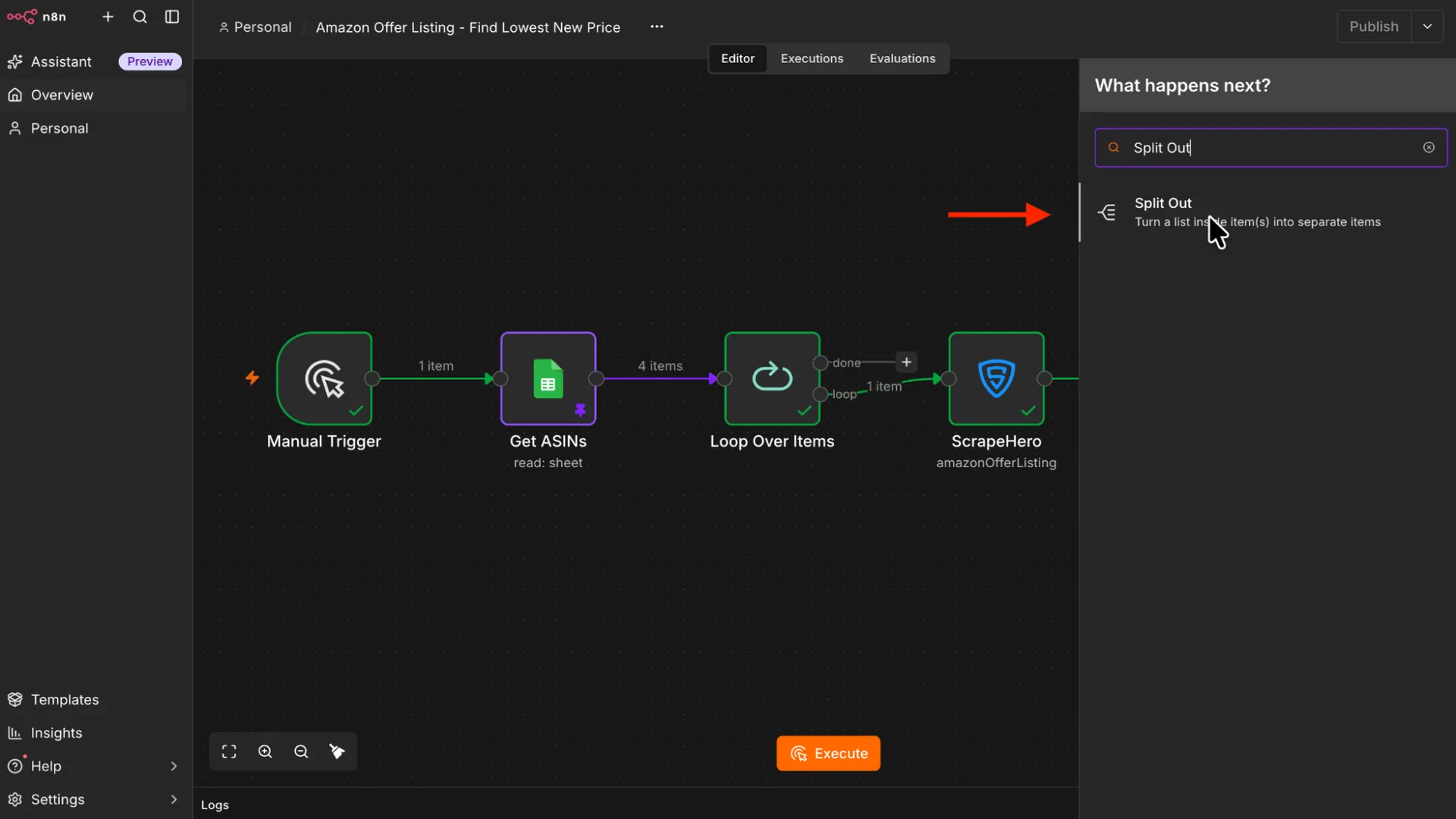 Adding a Split Out node next to the ScrapeHero node in n8n