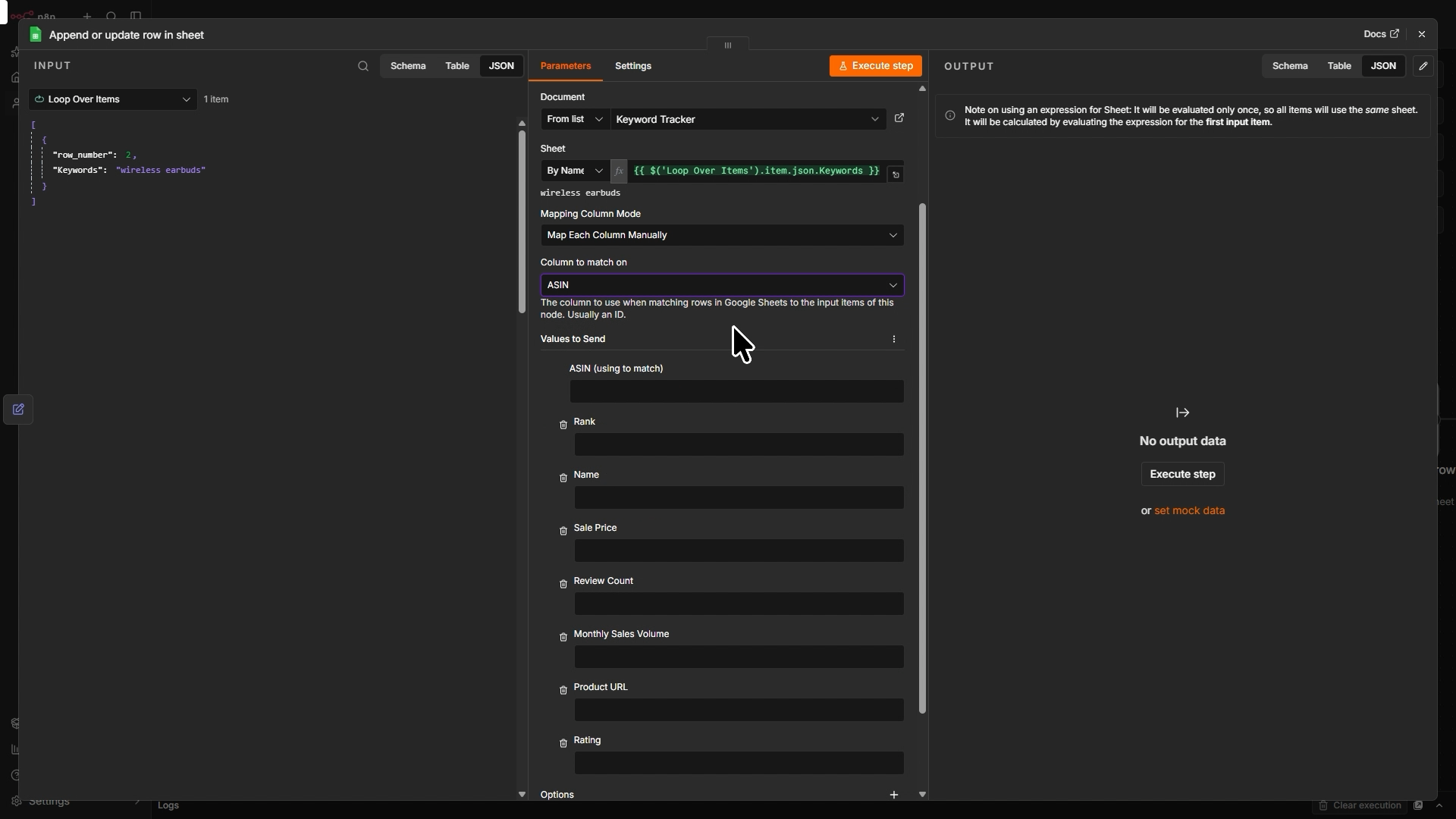 Configuring an n8n Google Sheet node with Append or update row in Sheet action